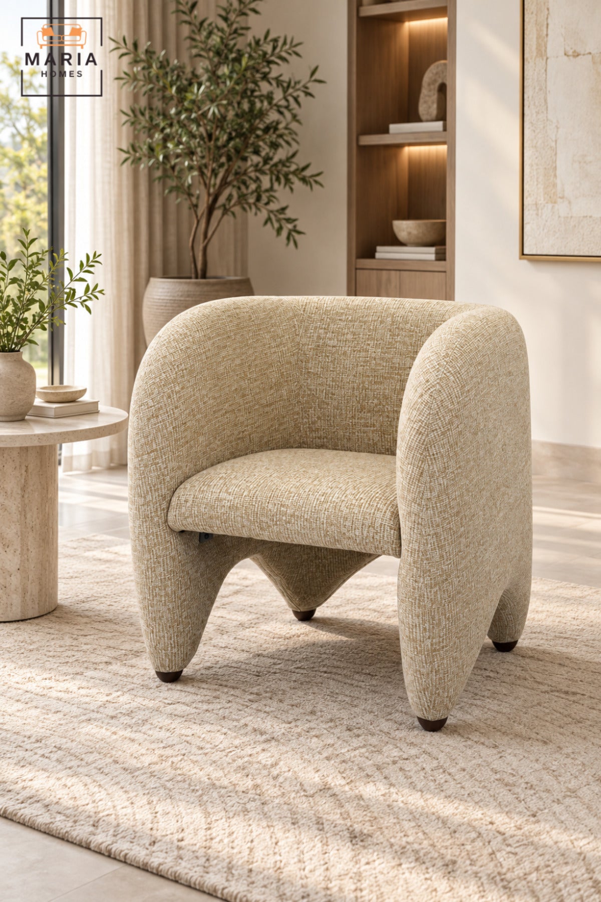 Modern Beige Upholstered Accent Chair with Curved Backrest, Padded Seat and Sculptural Design for Living Room, Bedroom, Lounge & Reception