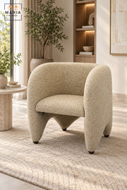 Modern Beige Upholstered Accent Chair with Curved Backrest, Padded Seat and Sculptural Design for Living Room, Bedroom, Lounge & Reception
