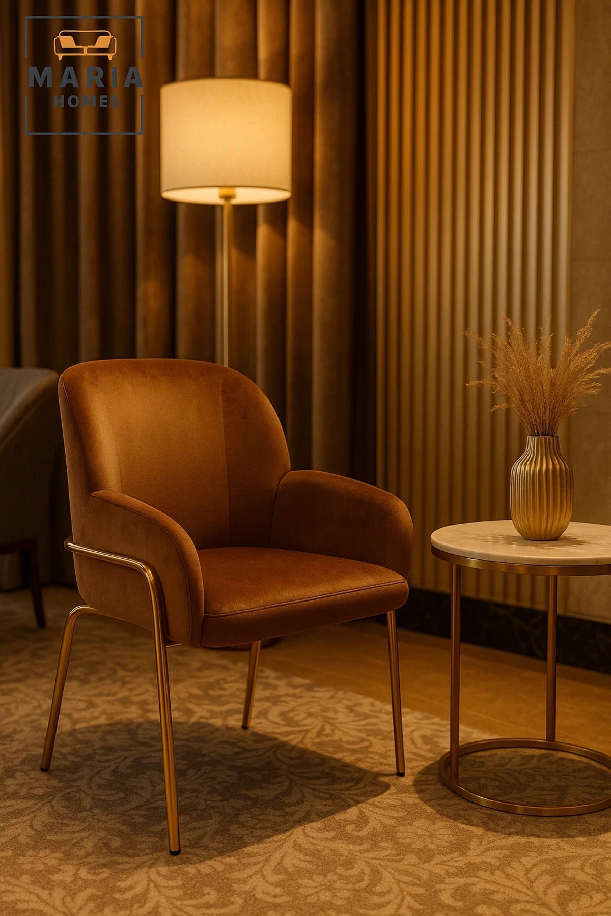 Luxury Modern Velvet Dining Chair with Armrest & Gold Legs, Comfortable Accent Chair for Home