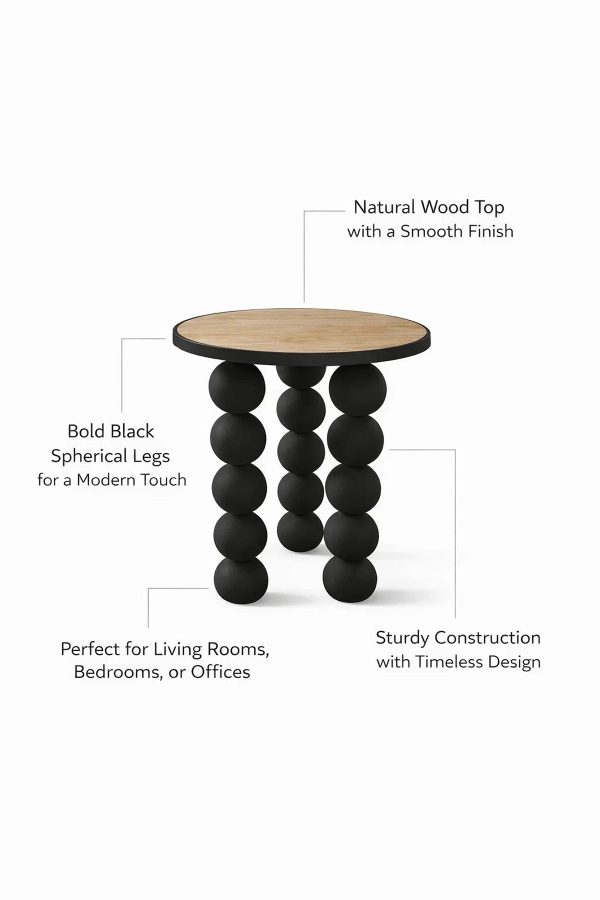 Modern Round Side Table Black Sphere Base Wood Top Stylish Accent Furniture for Home Decor 53cm