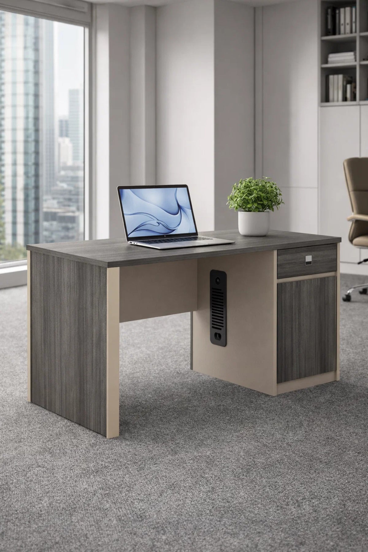 Stylish 120cm Office Desk Dark Grey and Beige with Lockable Storage for Modern Workspace Decor