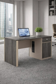 Stylish 120cm Office Desk Dark Grey and Beige with Lockable Storage for Modern Workspace Decor