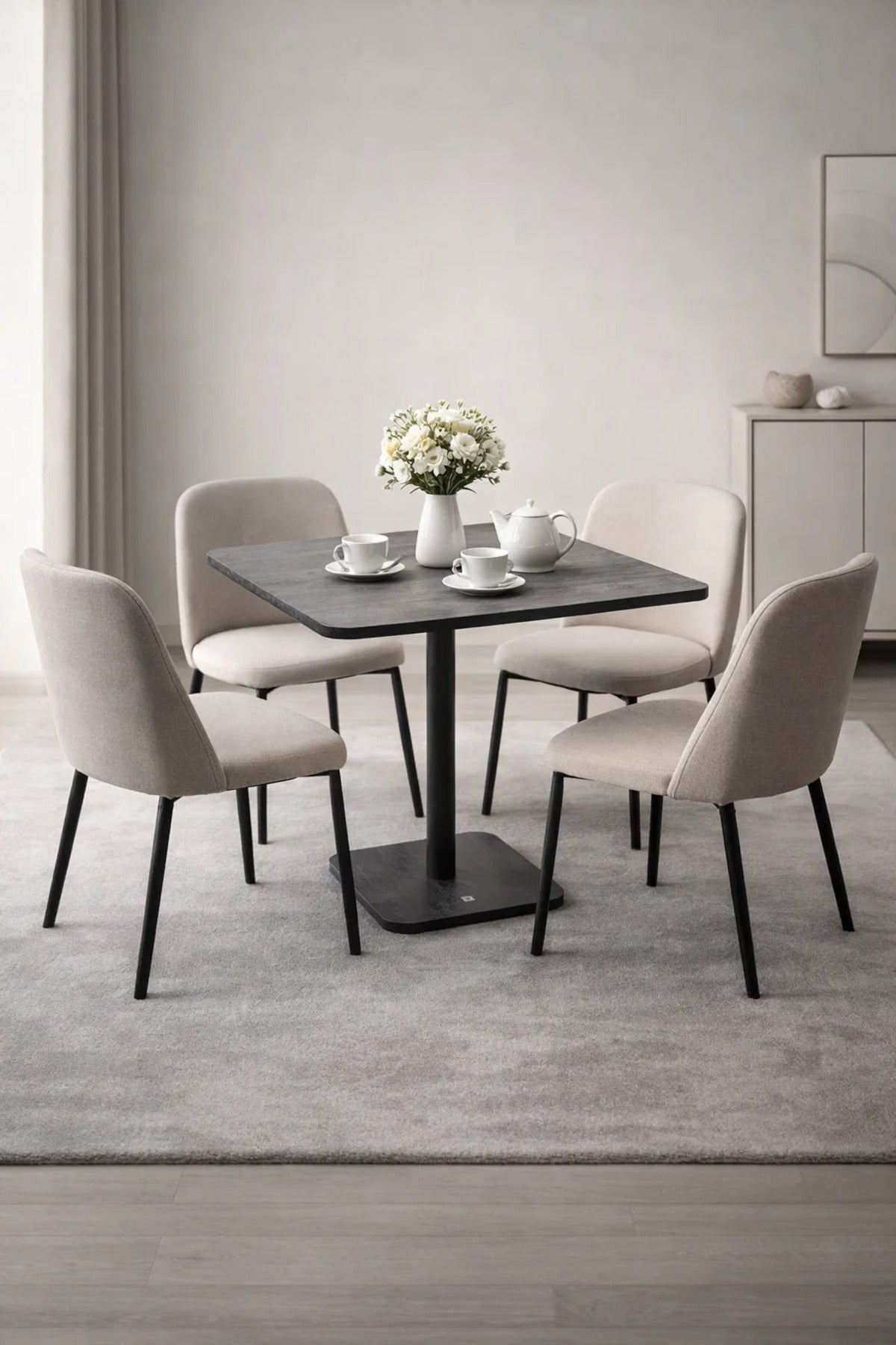 Modern Square Grey Melamine Dining Table with Black Metal Pedestal Base for Stylish Interiors