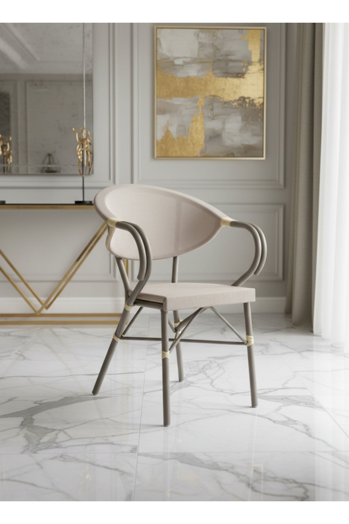 Beige Classic Rattan Dining Chair with Woven Backrest & Wooden Frame