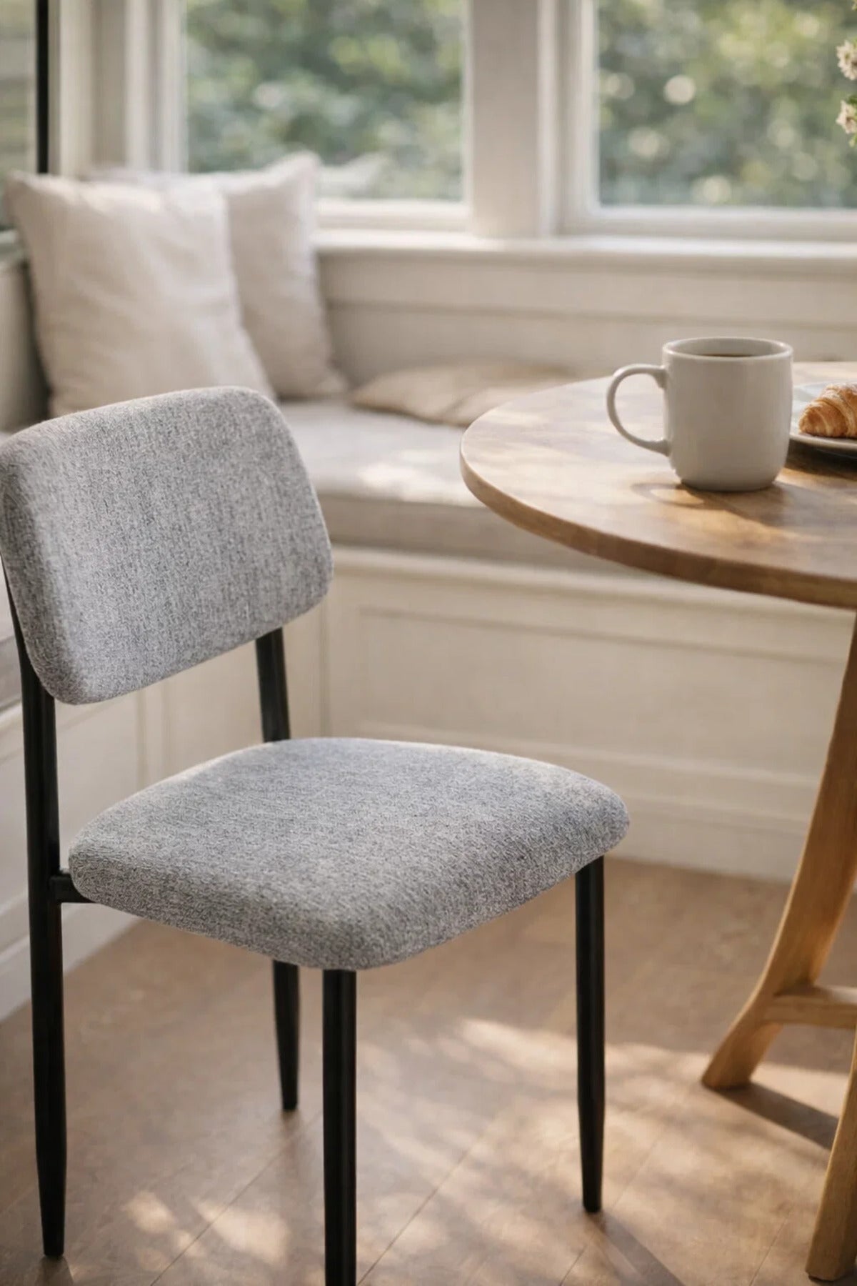 Grey Upholstered Dining Chair with Black Legs Modern Fabric Chair for Dining Room