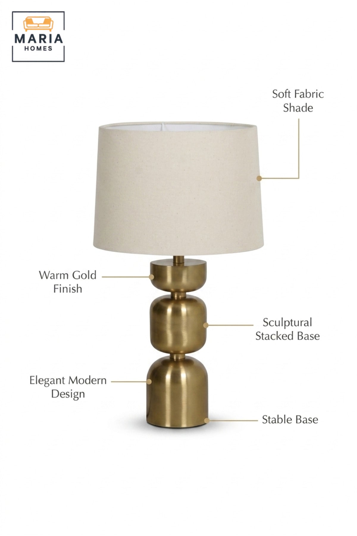 Modern Gold Table Lamp with Stacked Geometric Base and Fabric Shade Decorative Bedside Light for Bedroom Living Room Office and Hotel Décor