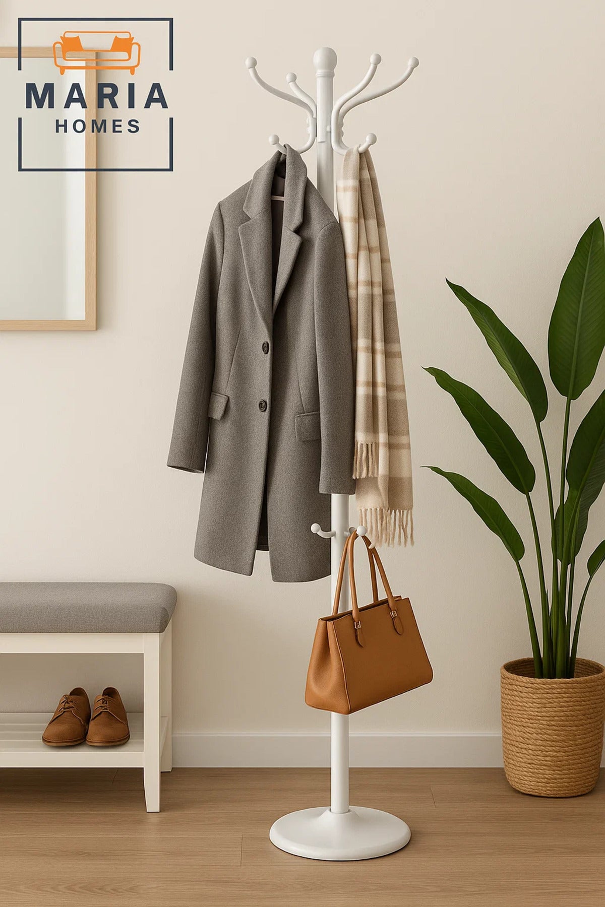 White Standing Coat Rack with Rounded Hooks and Stable Circular Base