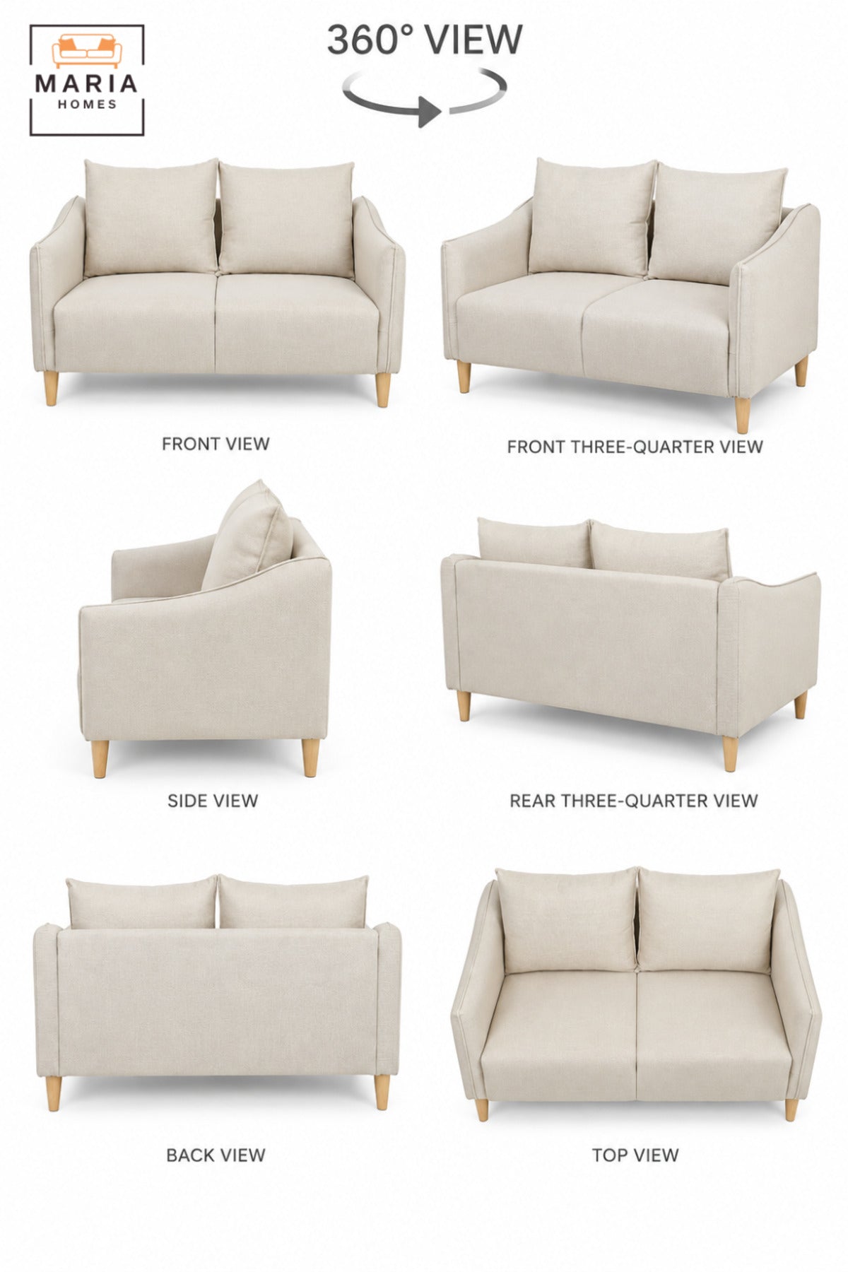 Modern 2 Seater Fabric Sofa with Soft Back Cushions, Comfortable Loveseat with Armrests and Wooden Legs for Living Room, Bedroom & Lounge