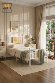 Modern Single Metal Bed Frame 90 _ 190 cm Ð White Steel Bed with Decorative Wood Accent Headboard and Footboard