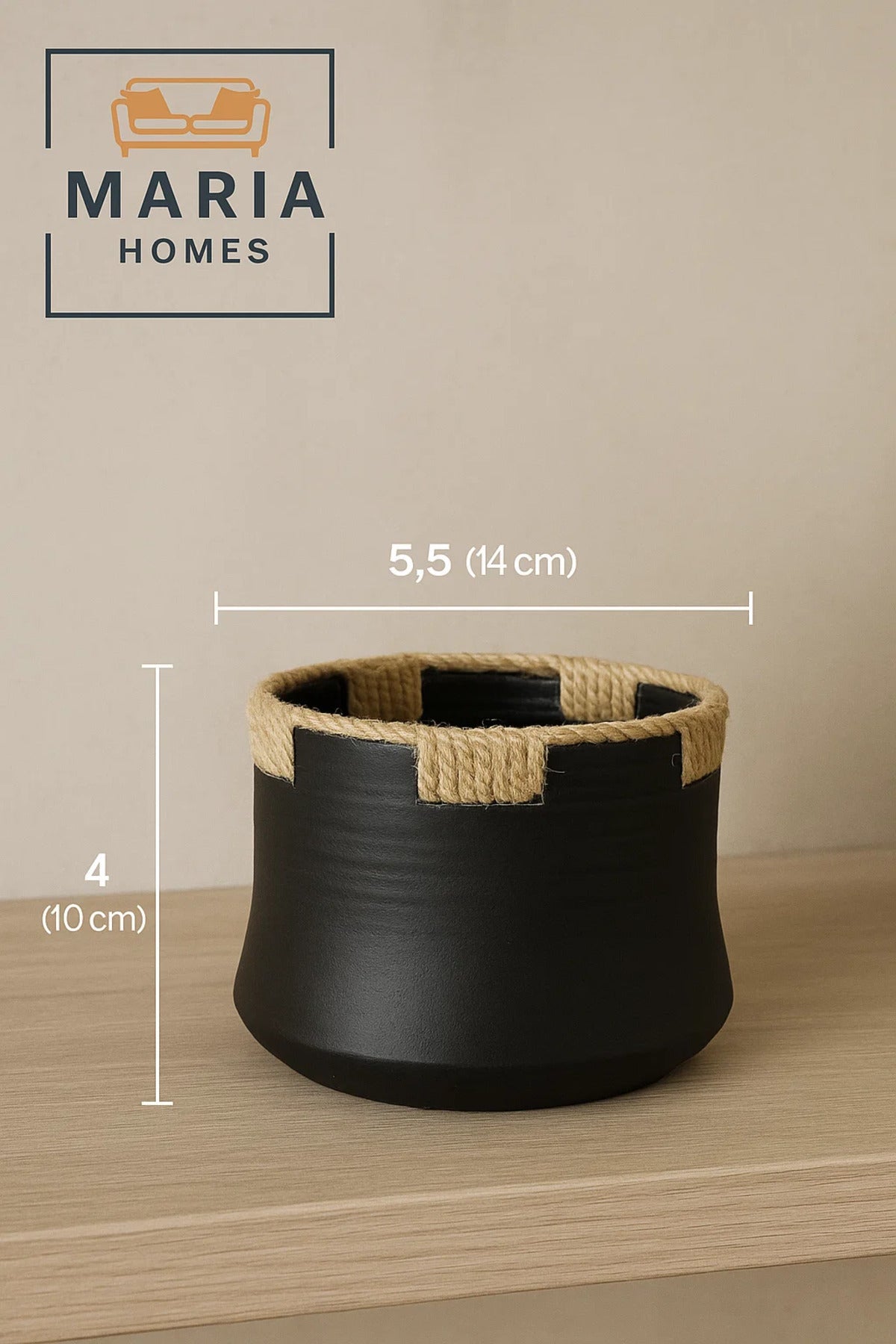 Rustic Black Ceramic Pot with Natural Jute Wrap Ð Small Decorative Accent