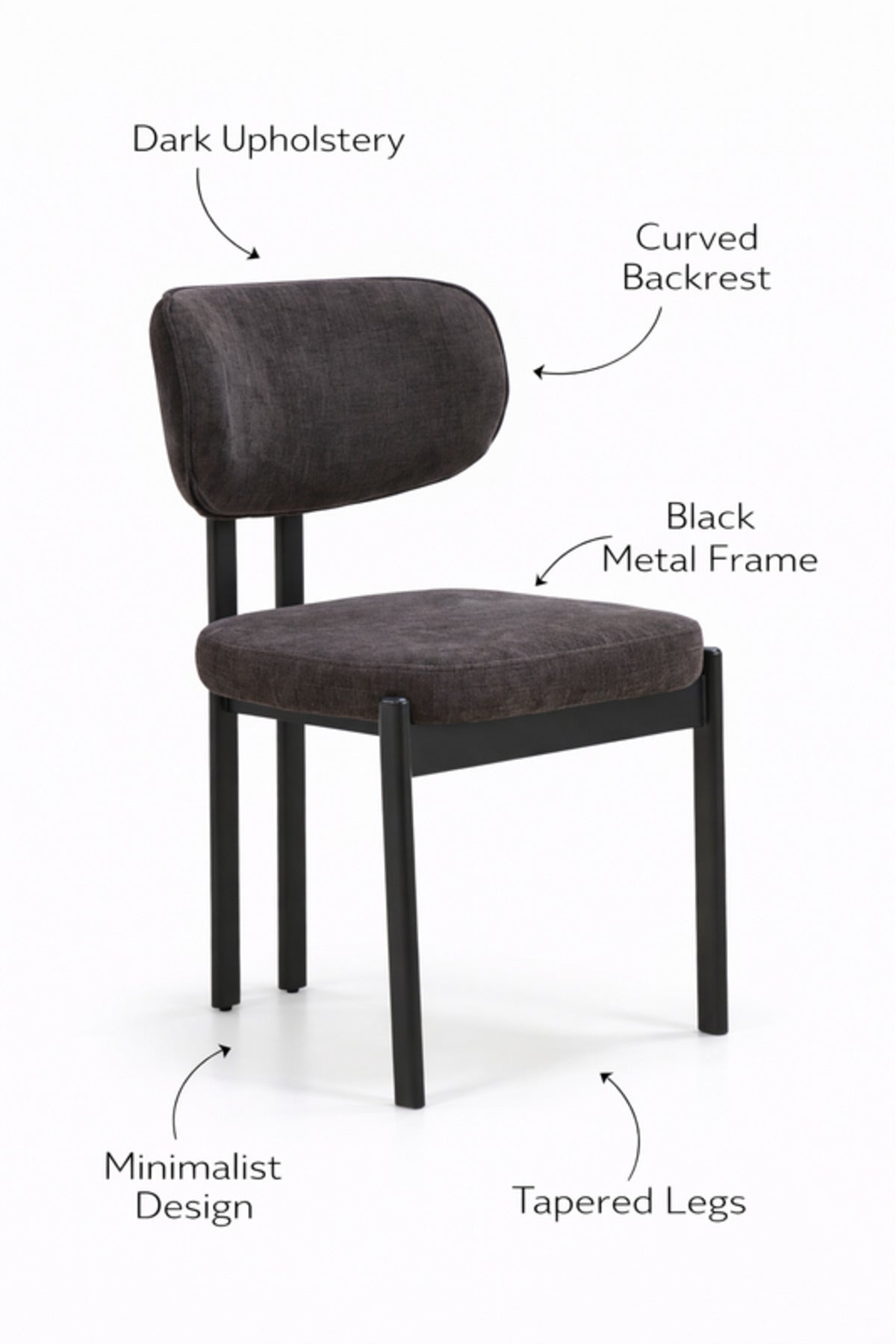 Dark Grey Upholstered Chair with Black Metal Legs, 80x49x48 CM dark grey upholstered