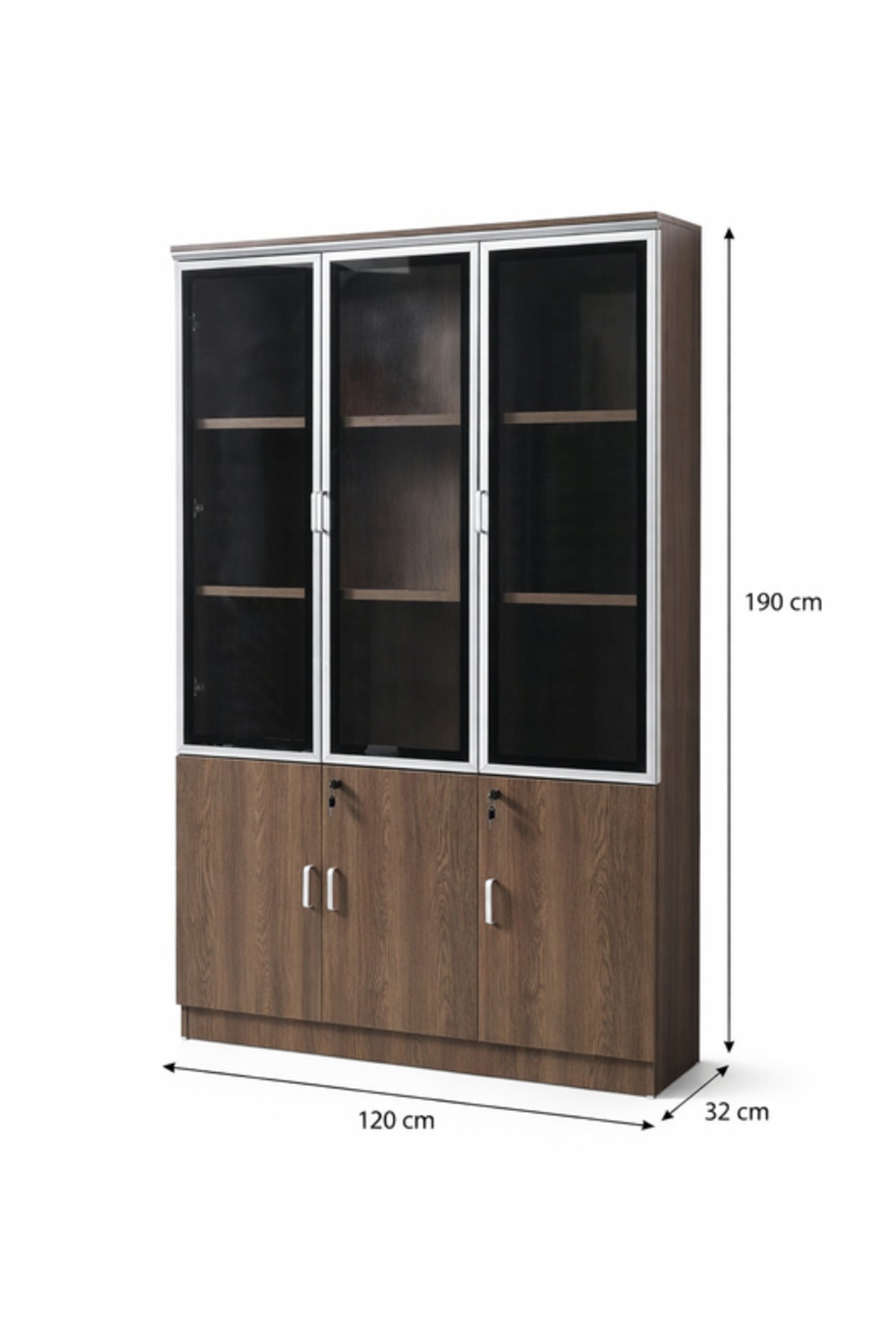 Modern Brown Wooden File Storage Cabinet with Three Glass Doors and Lockable Lower Shelves