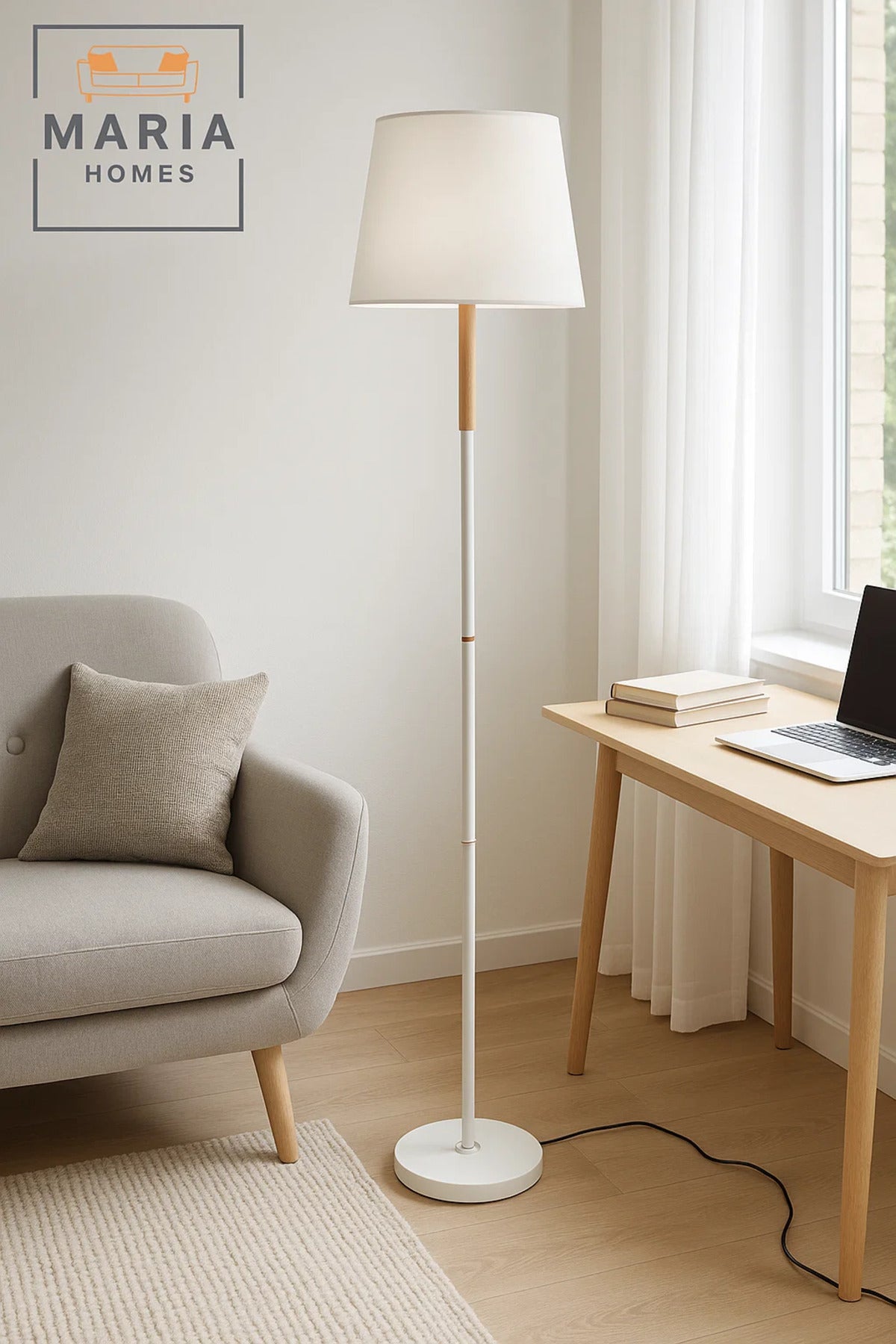 White Floor Lamp with Wooden Accent and Round Base