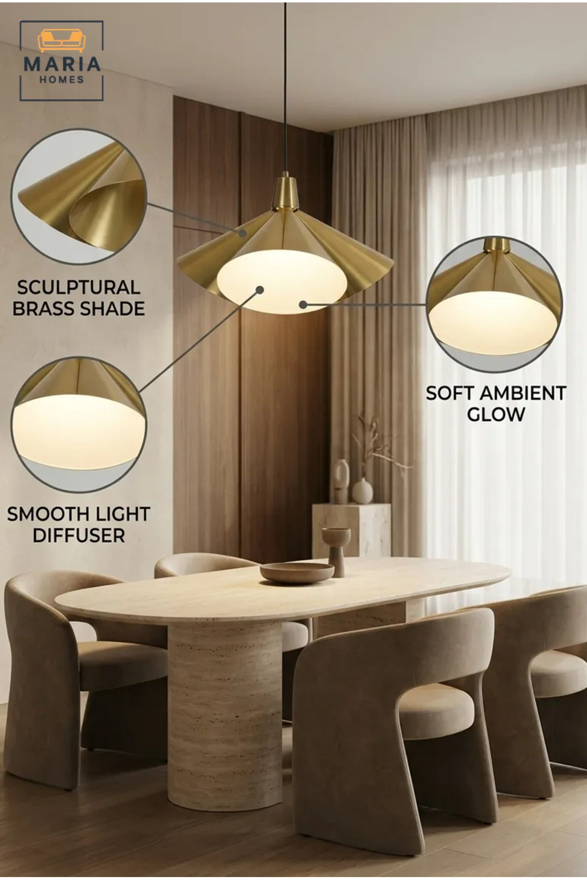 Modern Brass Pendant Light with Sculptural Metal Shade and Diffuser, Hanging Ceiling Lamp for Dining Room, Kitchen Island, Living Room, Café and Restaurant