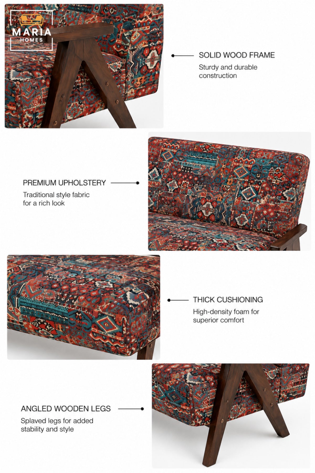 Traditional Pattern Upholstered 3 Seater Sofa with Wooden Arms & Legs | Vintage Style Accent Couch for Living Room, Lounge & Sitting Area