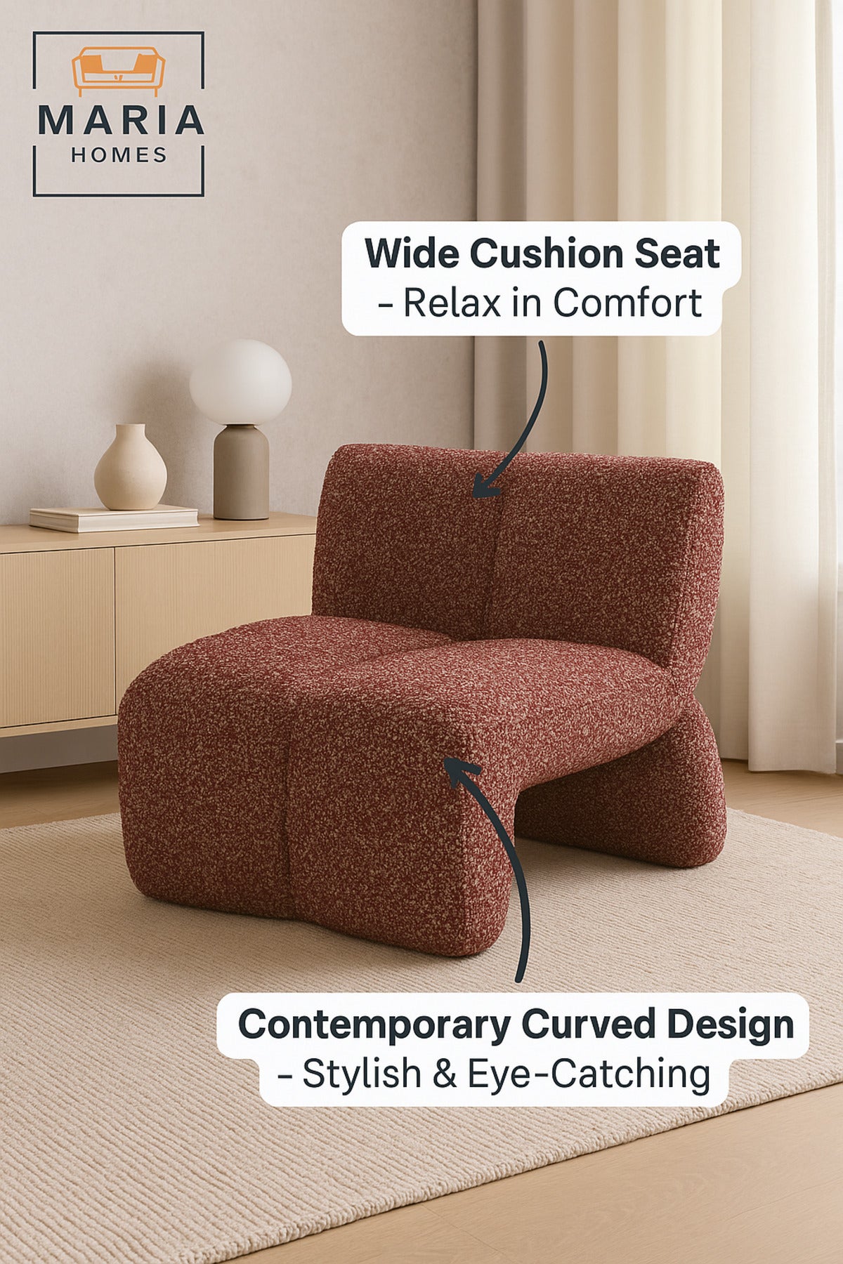 Modern Red Lounge Chair Ð Stylish Single Sofa with Plush Curved Design for Living Room