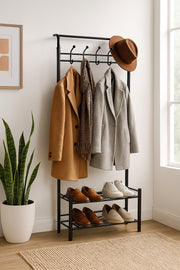 Metal Coat Rack with Hooks and Shoe Storage Ð Black 64_28_190 cm