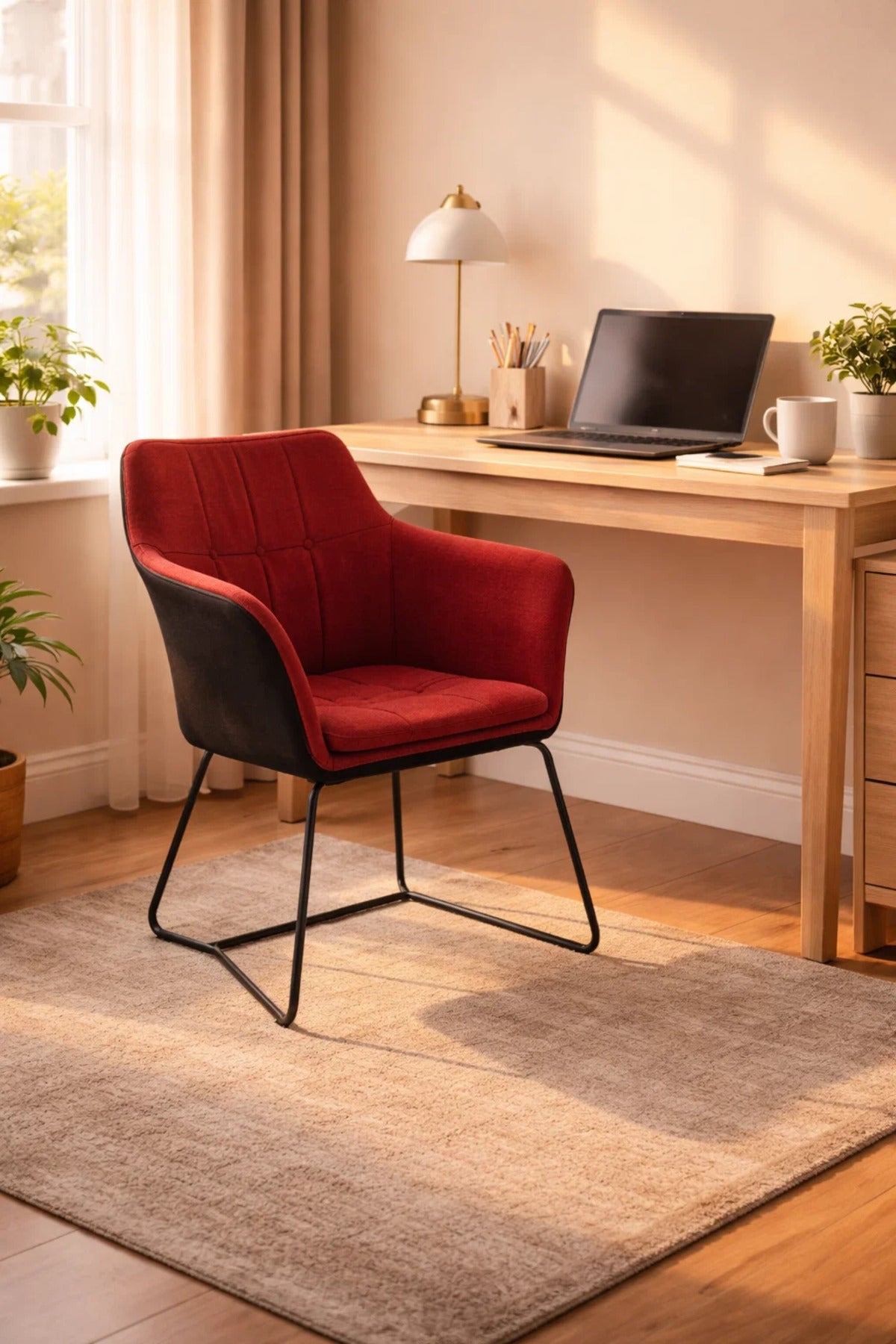 Contemporary Red Upholstered Dining Armchair with Black Leather Shell and Durable Metal Sled Base