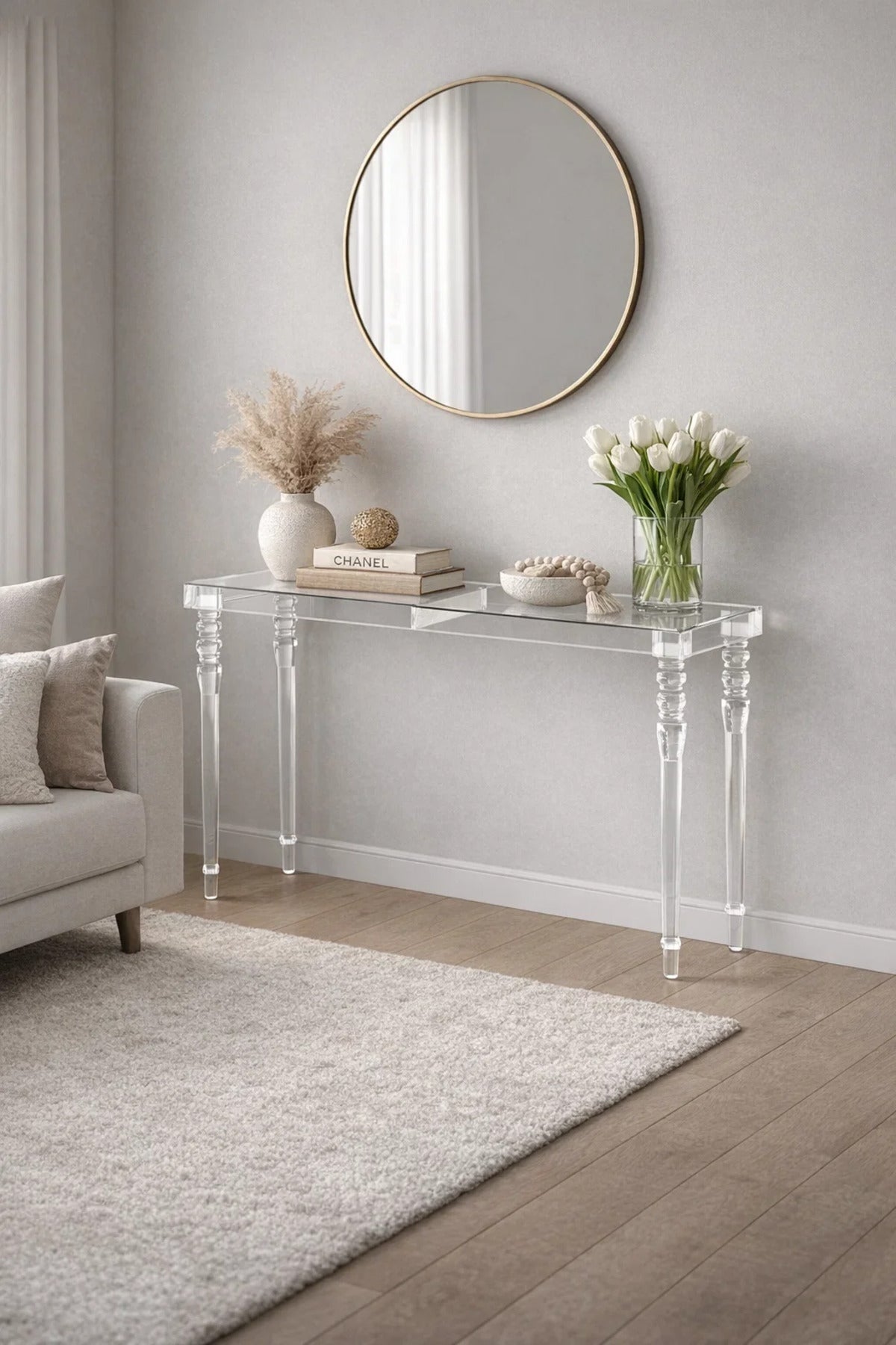Modern Clear Acrylic Console Table 140cm Transparent Hallway Furniture with Elegant Turned Legs