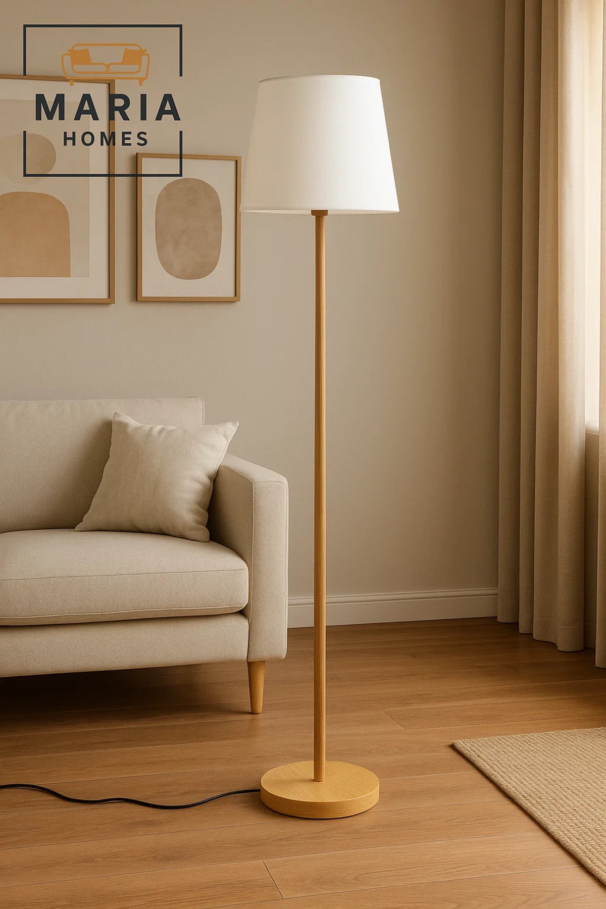 Minimalist Wooden Floor Lamp with White Fabric Shade