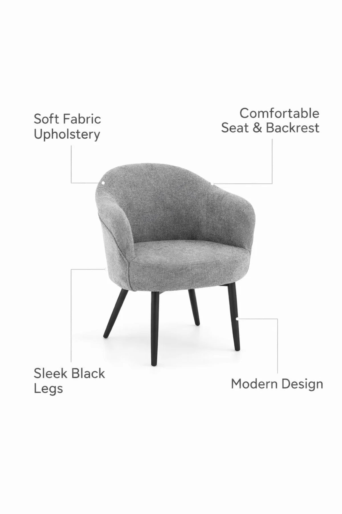 Stylish Grey Upholstered Dining Chair Modern Armchair with Black Tapered Legs for Kitchen Salon