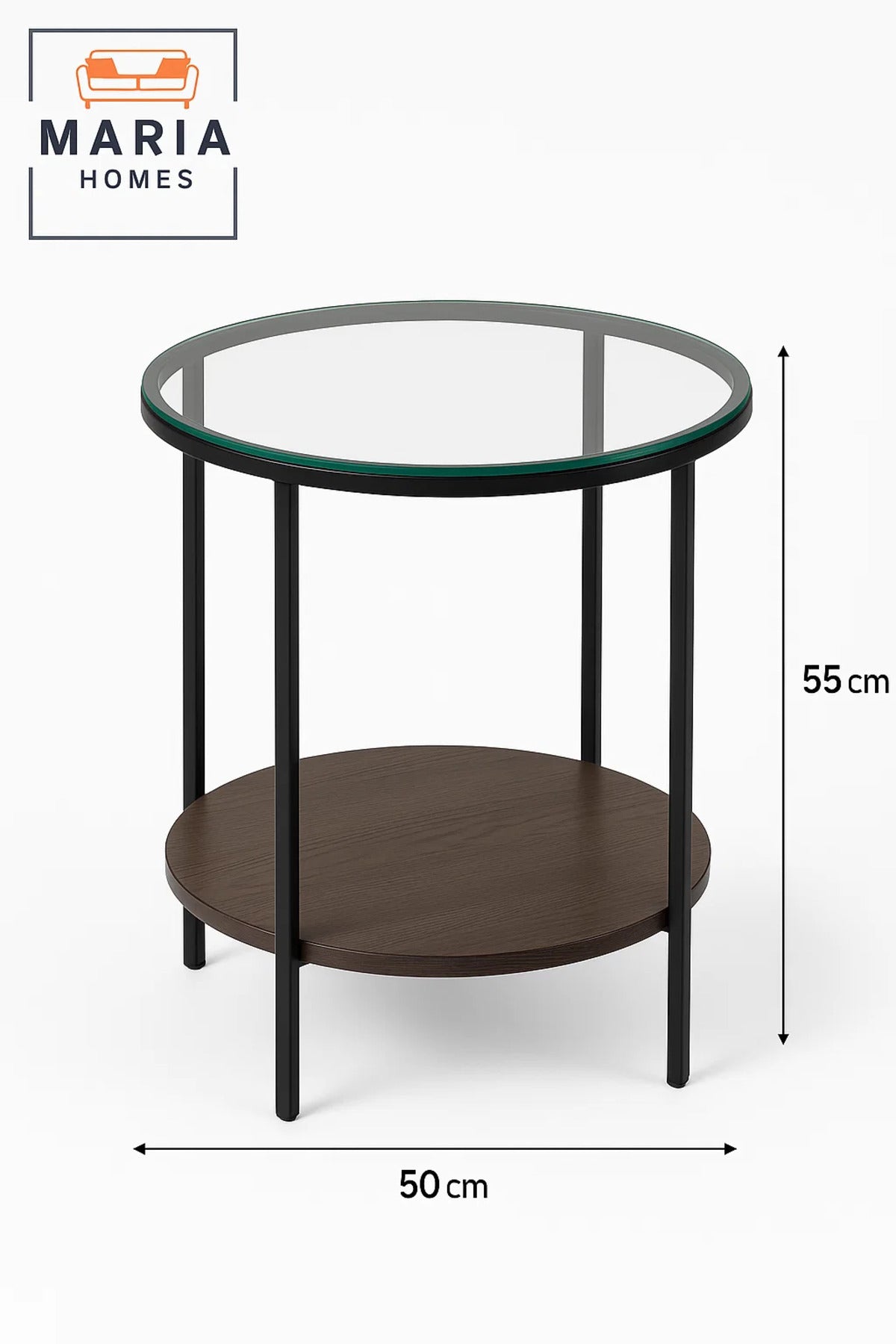 Round Glass Top Side Table with Dark Wood Shelf and Black Metal Frame