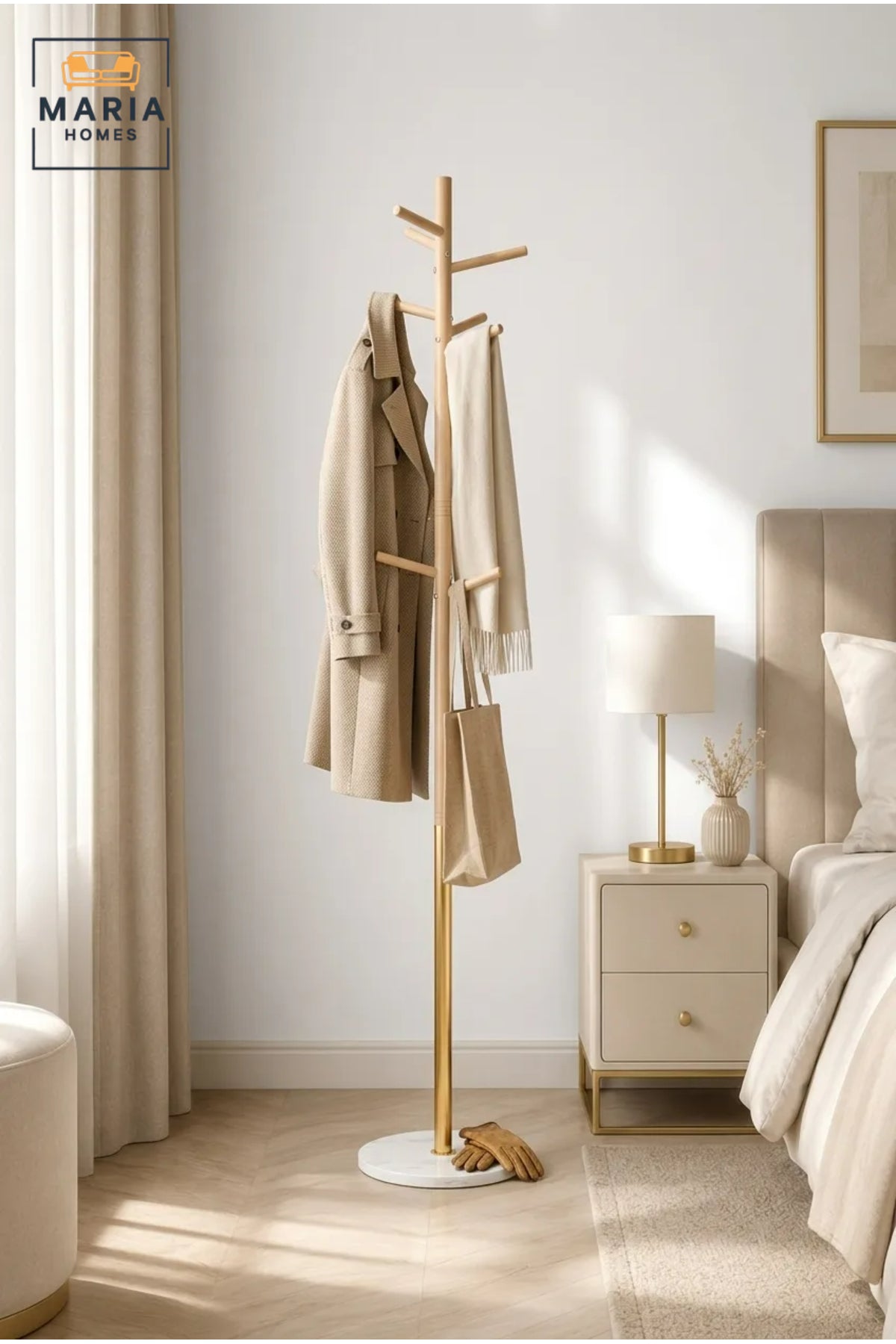 Modern Wooden Coat Rack with White Base and Gold Accent √ê Freestanding Clothes Stand, Entryway Organizer & Jacket Hanger