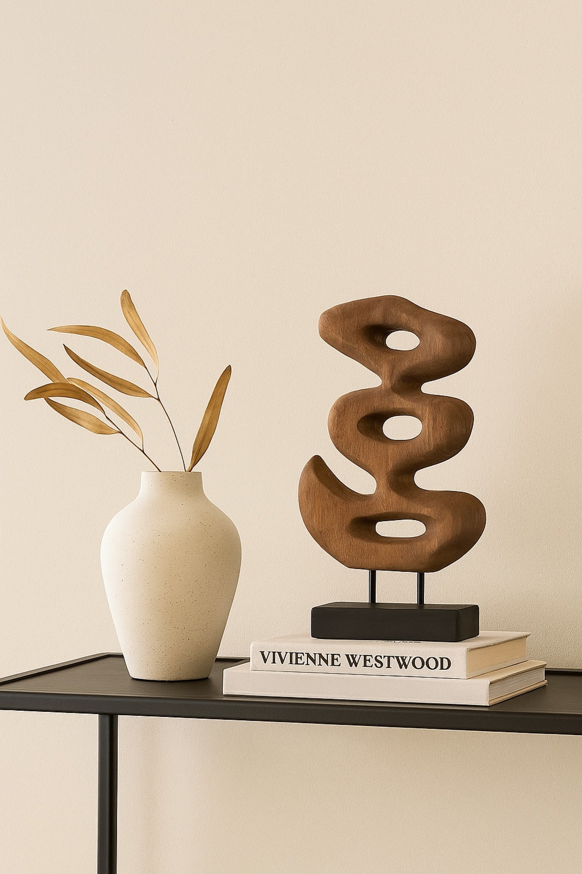 Walnut and Black Wooden Abstract Decorative Sculpture on Stand √ê Modern Art Accent