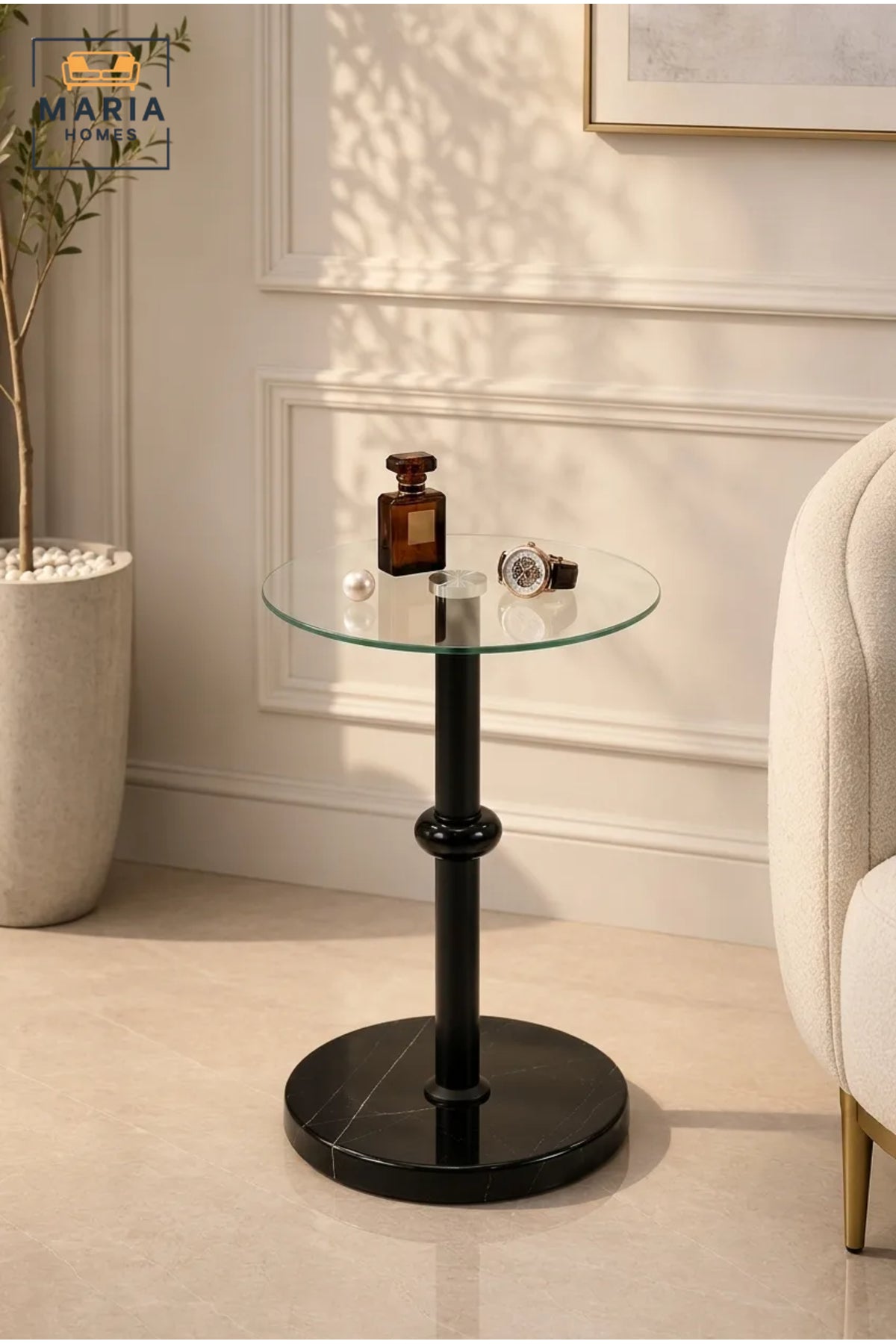 Modern Glass Side Table with Black Marble-Effect Base and Metal Pedestal