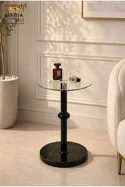 Modern Glass Side Table with Black Marble-Effect Base and Metal Pedestal