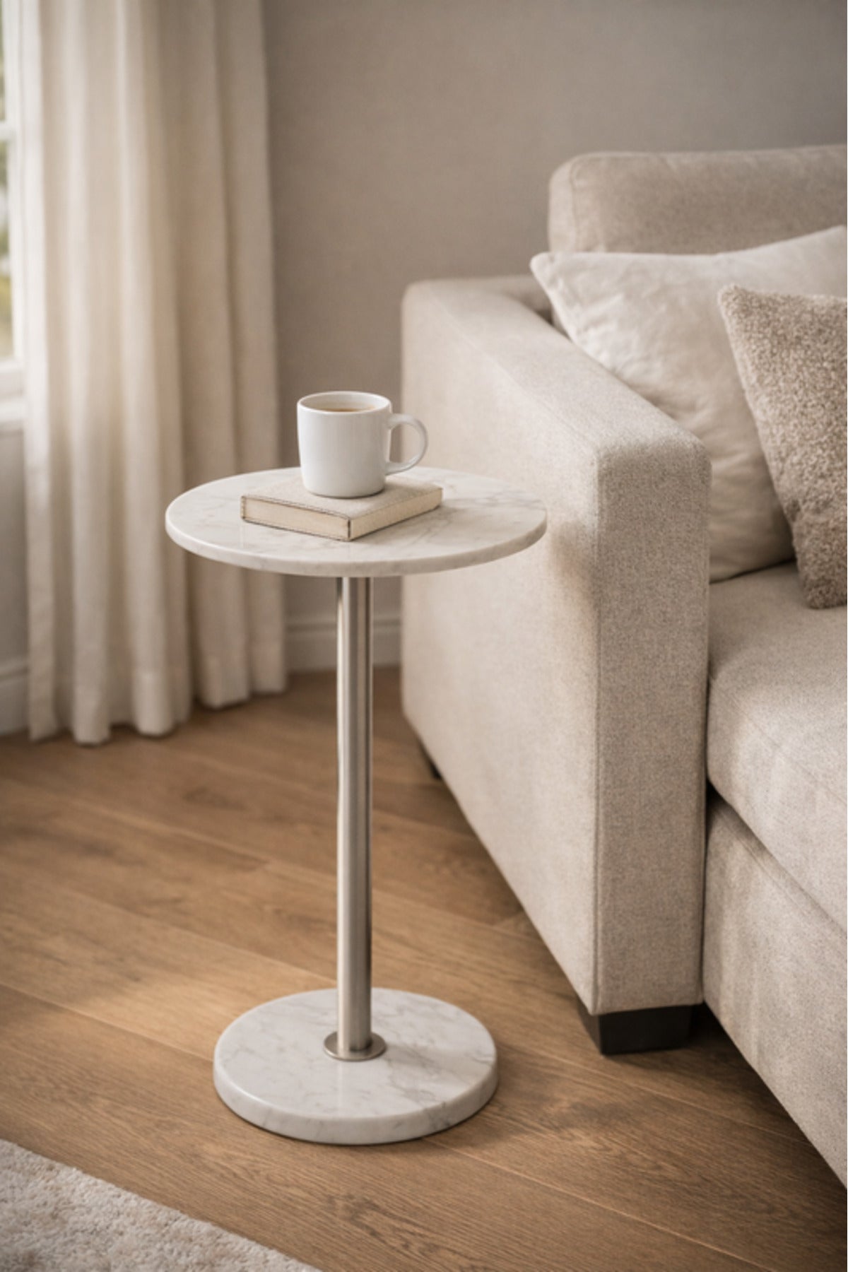 Round Marble Side Table with Silver Metal Base 35_35_56 cm Modern Accent round marble