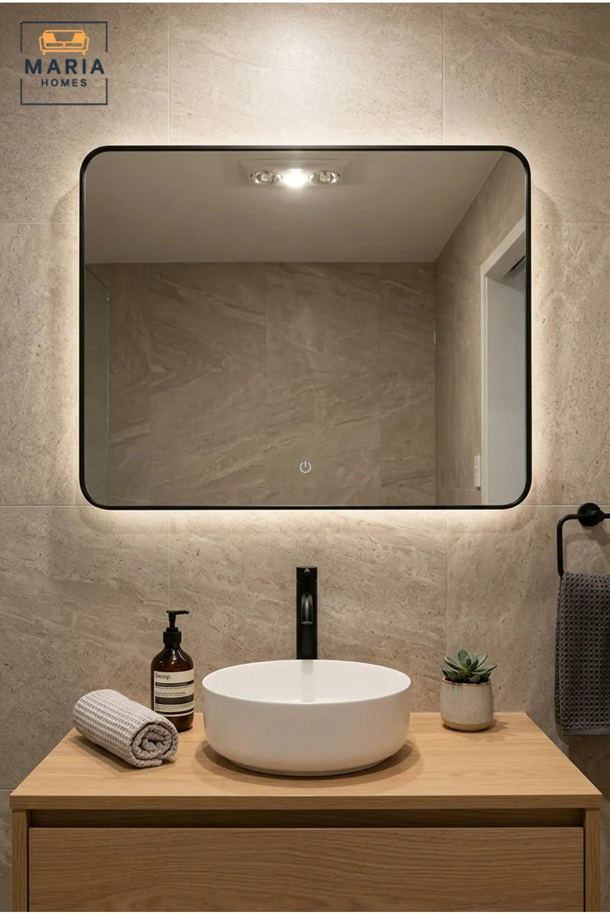 Rectangular LED Wall Mirror 80 × 60 cm with Touch Sensor, Rounded Corners and Backlit Illumination for Bathroom, Bedroom, Dressing Area and Vanity