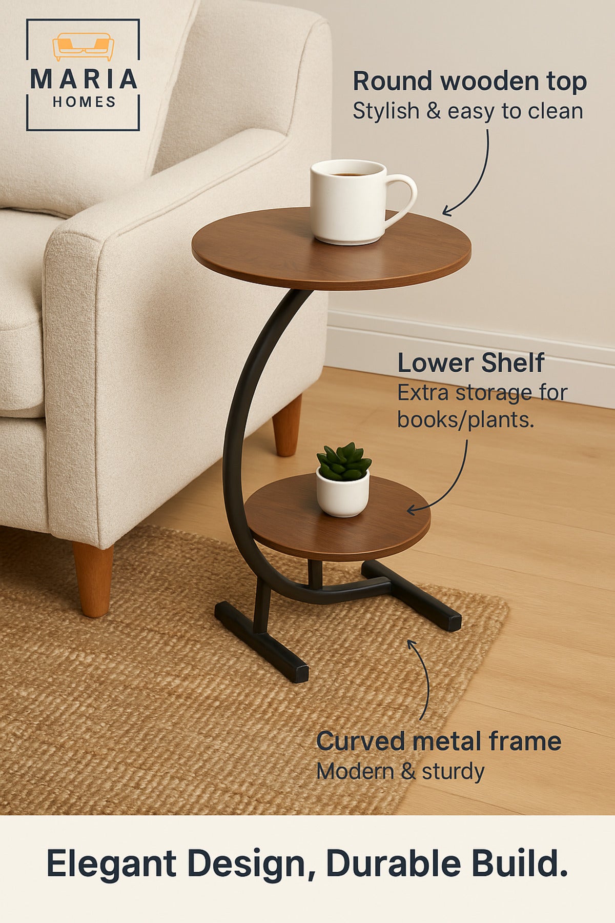 Modern Brown Round Side Table with Metal Frame Ð Two-Tier Accent Table (40_60 cm)