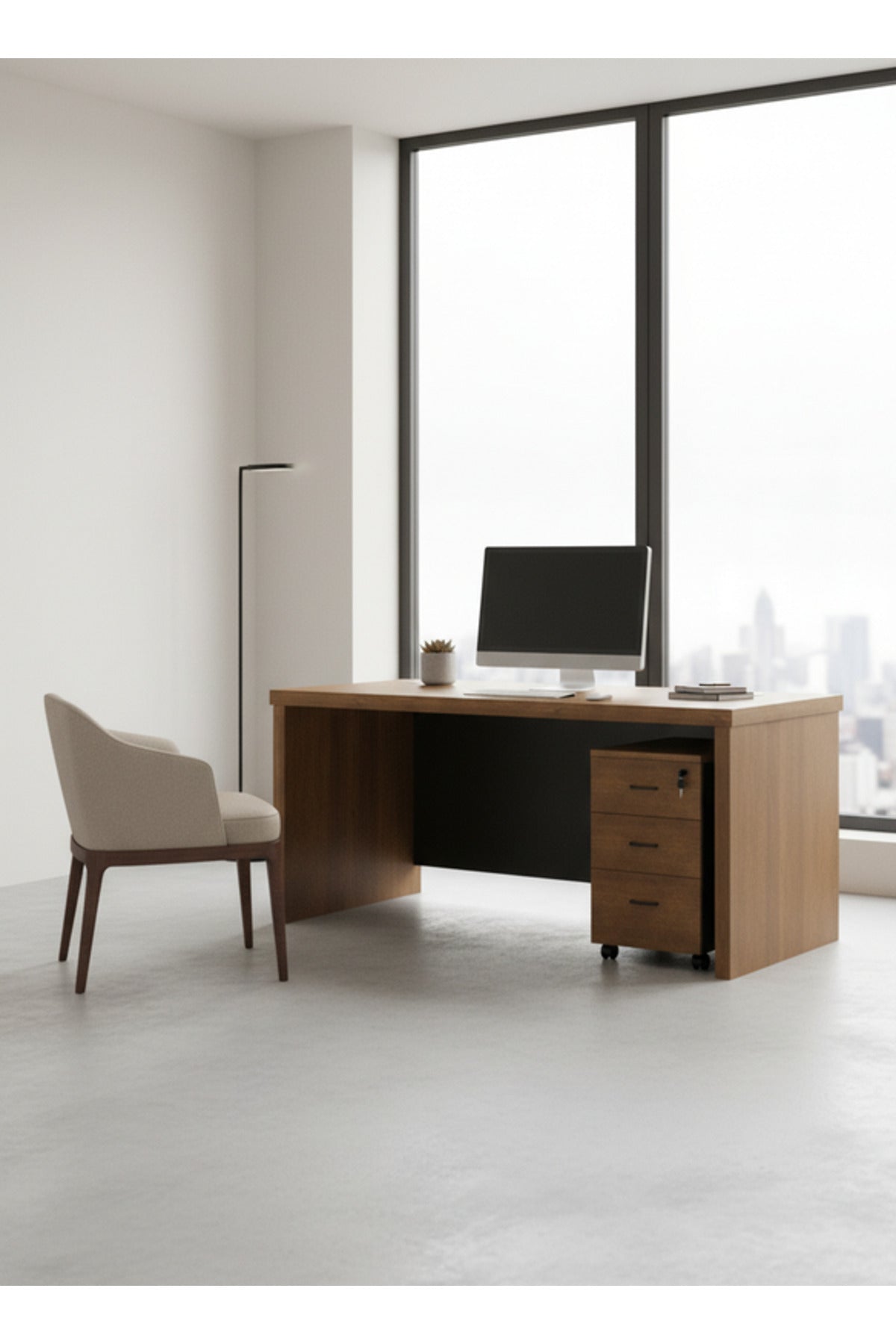 Modern Brown Office Desk with Mobile Drawer Cabinet 120 _ 70 _ 75 cm