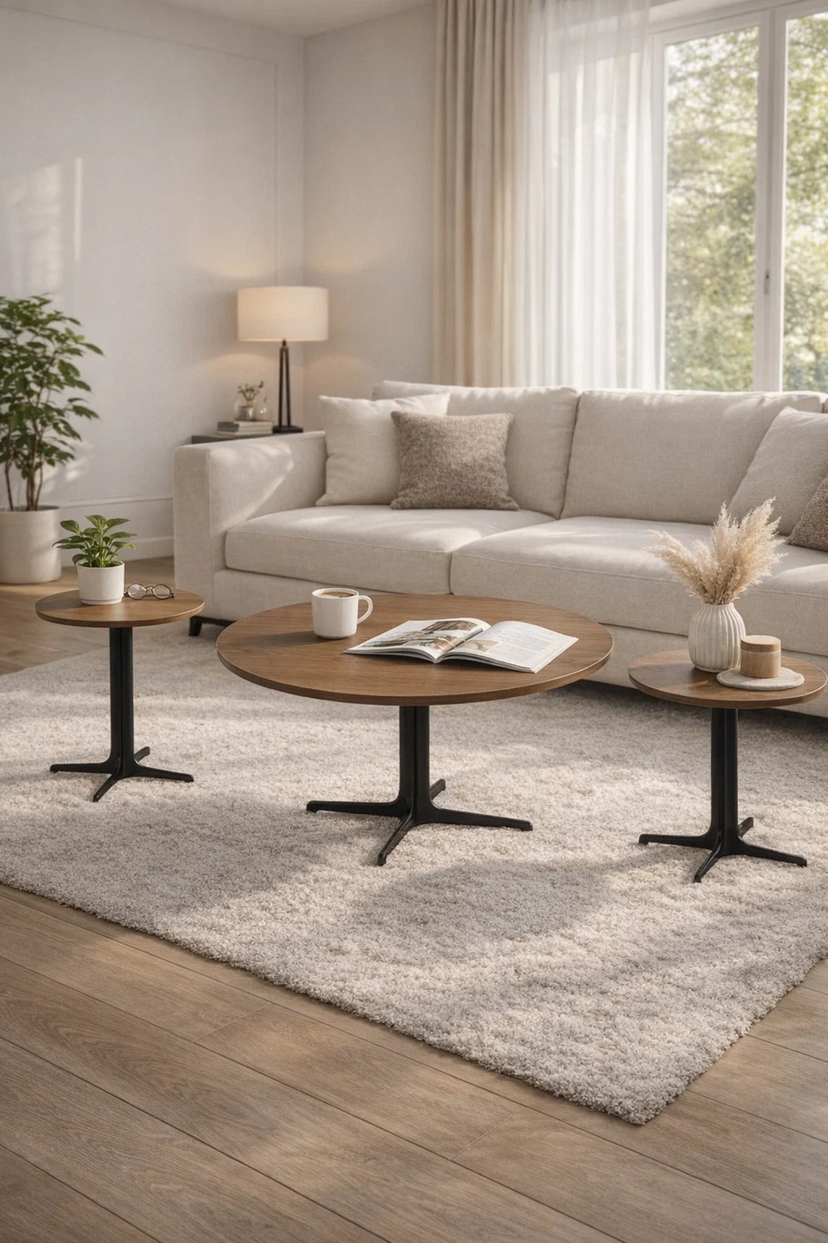 Light Brown Ceramic Coffee Table Set 1+2 with Metal Base 80_80_48 cm 45_45_55 Side