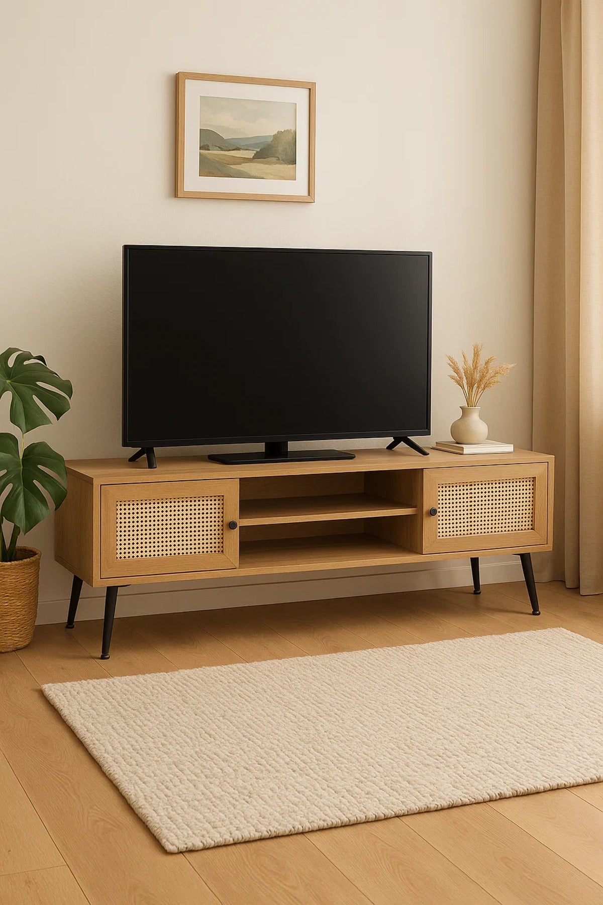 Mid-Century Modern TV Stand with Rattan Doors Ð 160x40x50 cm Brown Entertainment Unit