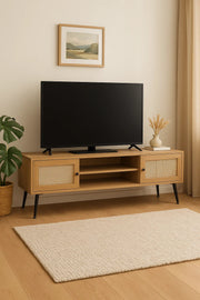Mid-Century Modern TV Stand with Rattan Doors Ð 160x40x50 cm Brown Entertainment Unit