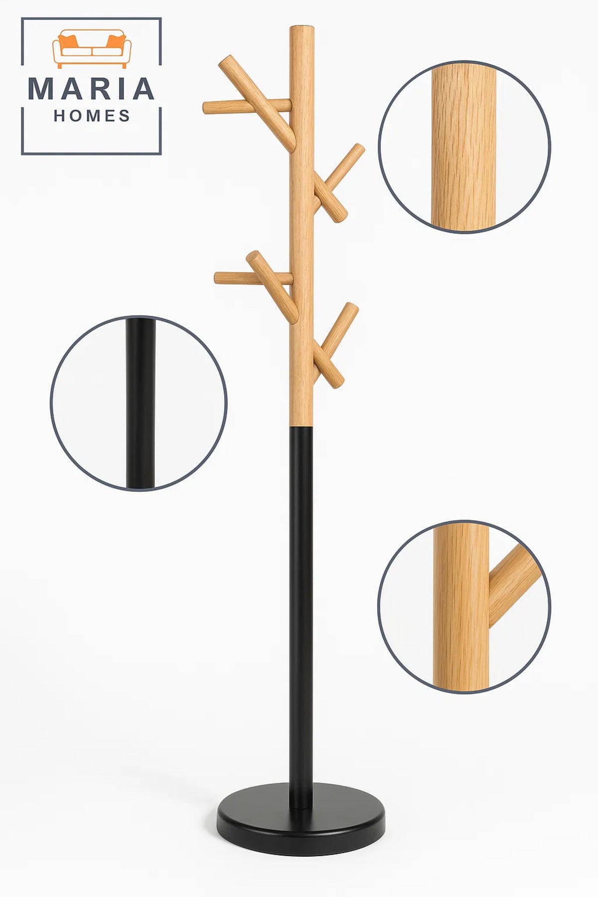 Wooden Tree-Style Coat Rack with Black Metal Base