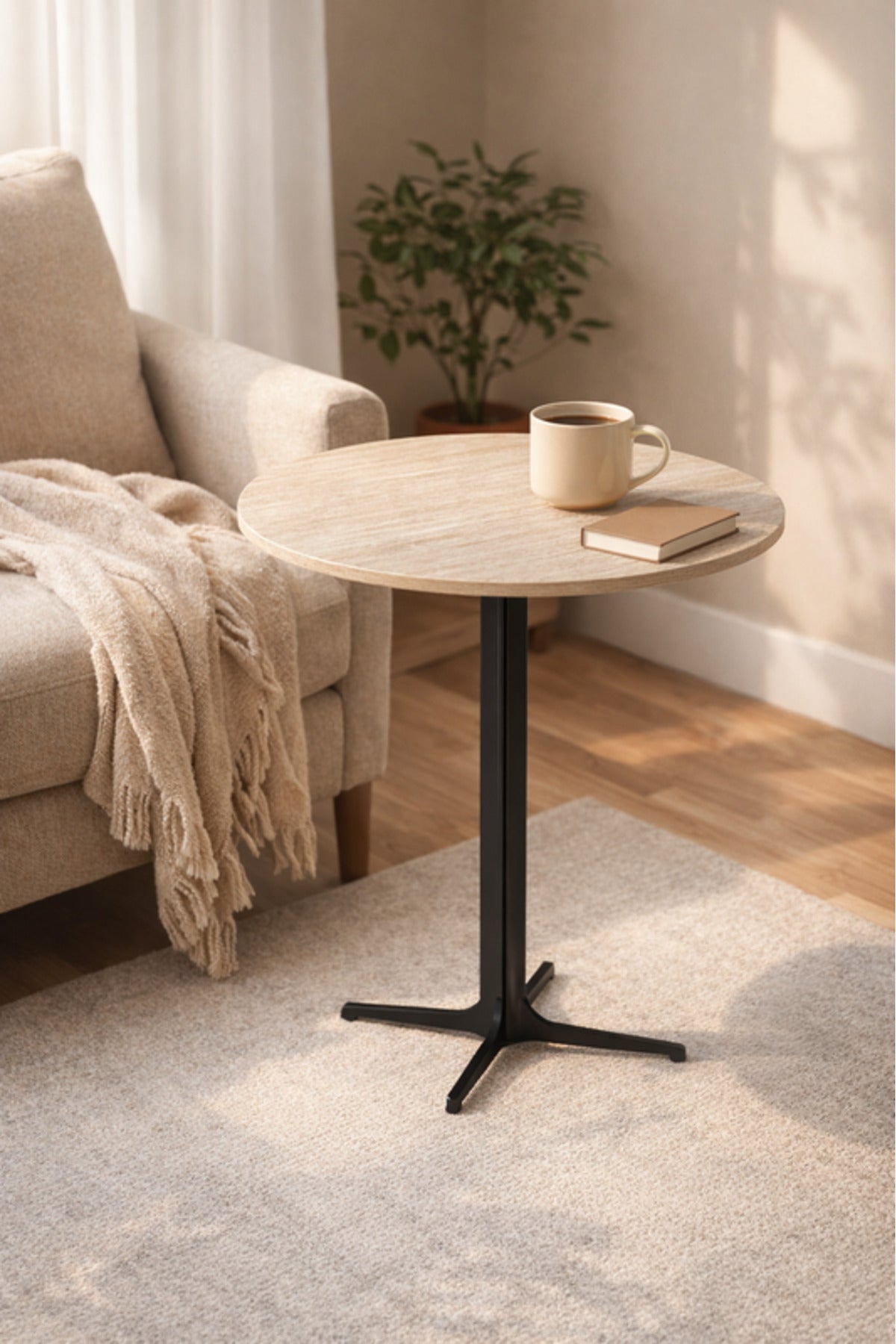 Beige Round Coffee Table with Black Base, 60x60x75 CM beige round coffee Dinner
