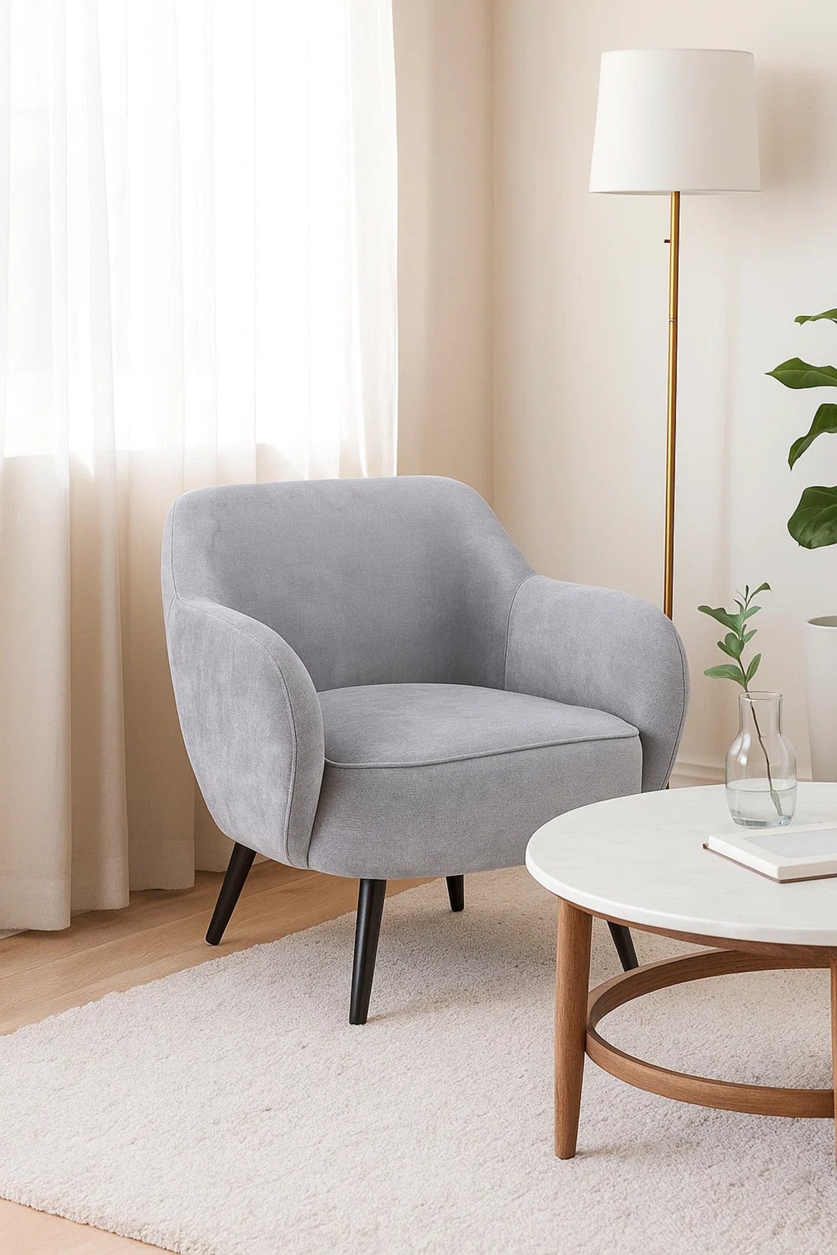 Light Grey Fabric Armchair, Comfy Lounge Chair for Living Room, Office Cabin & Reading Corner
