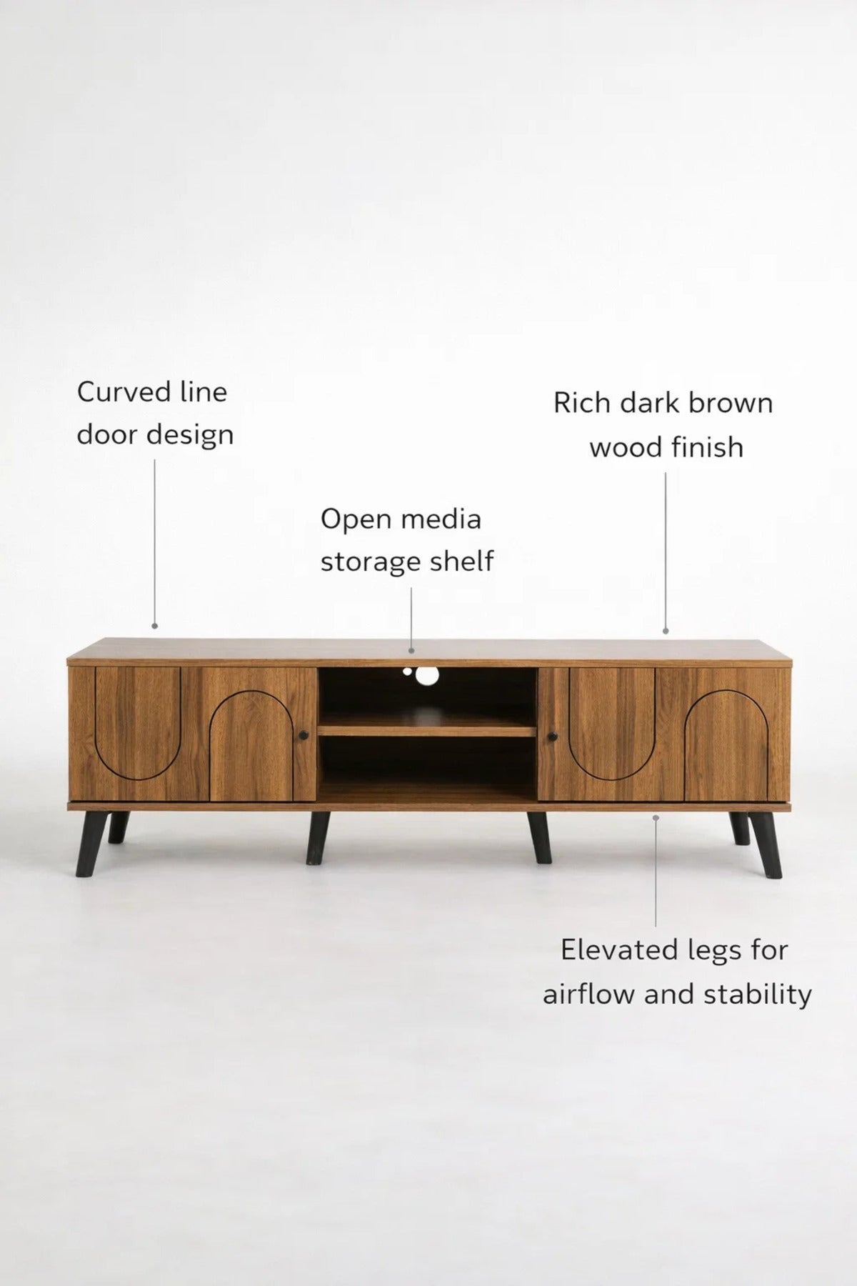 Modern Wooden TV Stand Dark Brown with Curved Line Design 160 x 40 x 44 cm