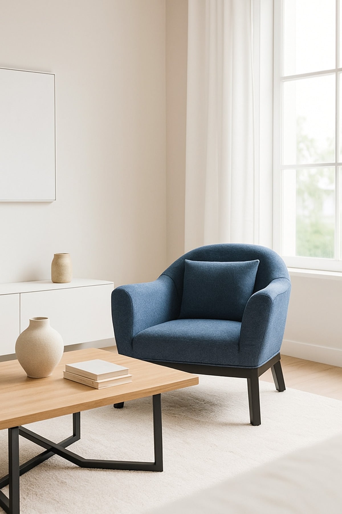 Blue Fabric Armchair Ð Modern Single Seater Lounge Chair with Cushion for Living Room & Office