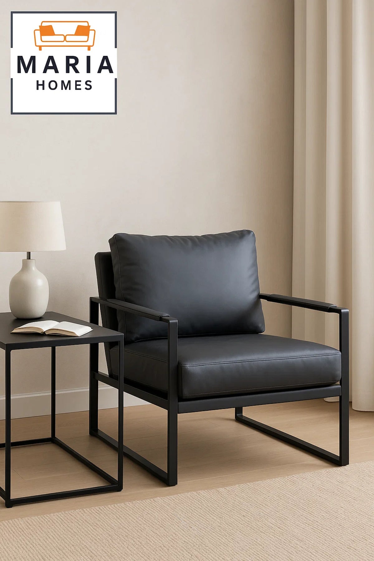 Modern Gray Faux Leather Armchair Ð Sleek Metal Frame Lounge Chair for Living Room or Office