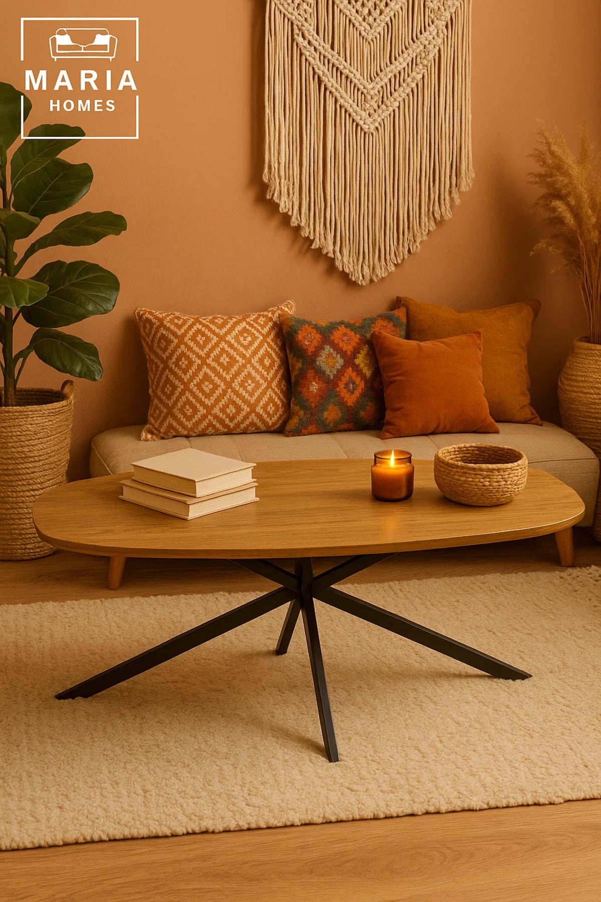 Modern Center Table 130x70x45cm Ð Oval Wood Surface with Black Metal Legs for Living Room Decor