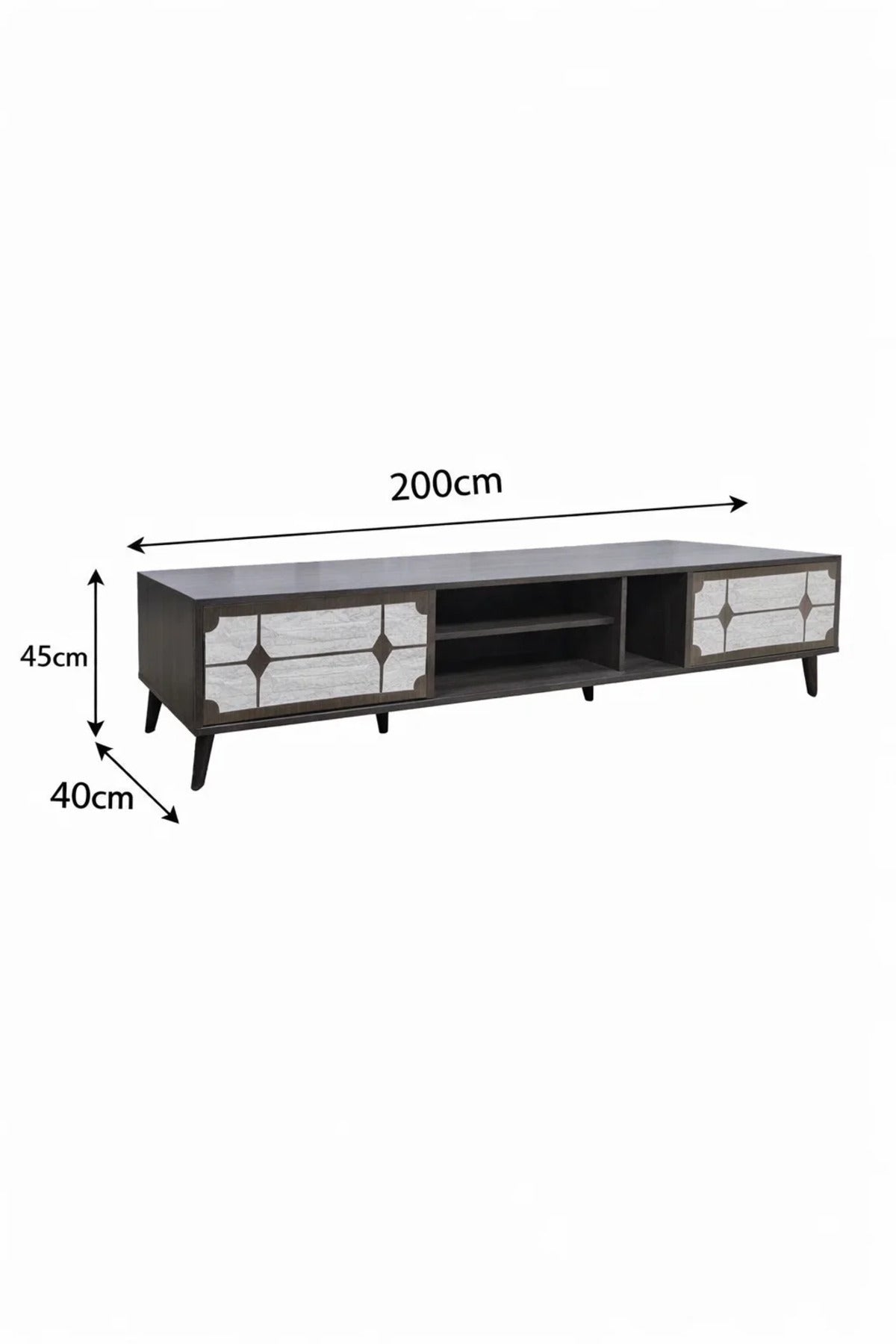 Modern Brown TV Unit 200cm Wide with White Patterned Doors and Open Shelves for Stylish Living Rooms