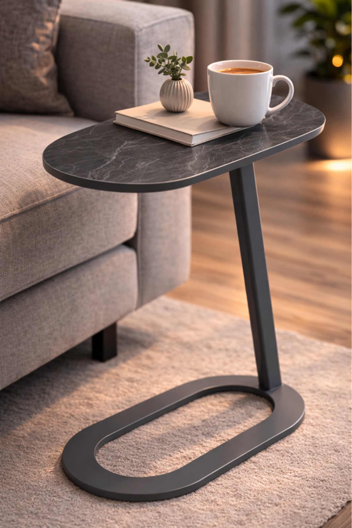 Modern D.Grey Side Table with Sleek Metal Base, 60x30x60 CM modern grey side