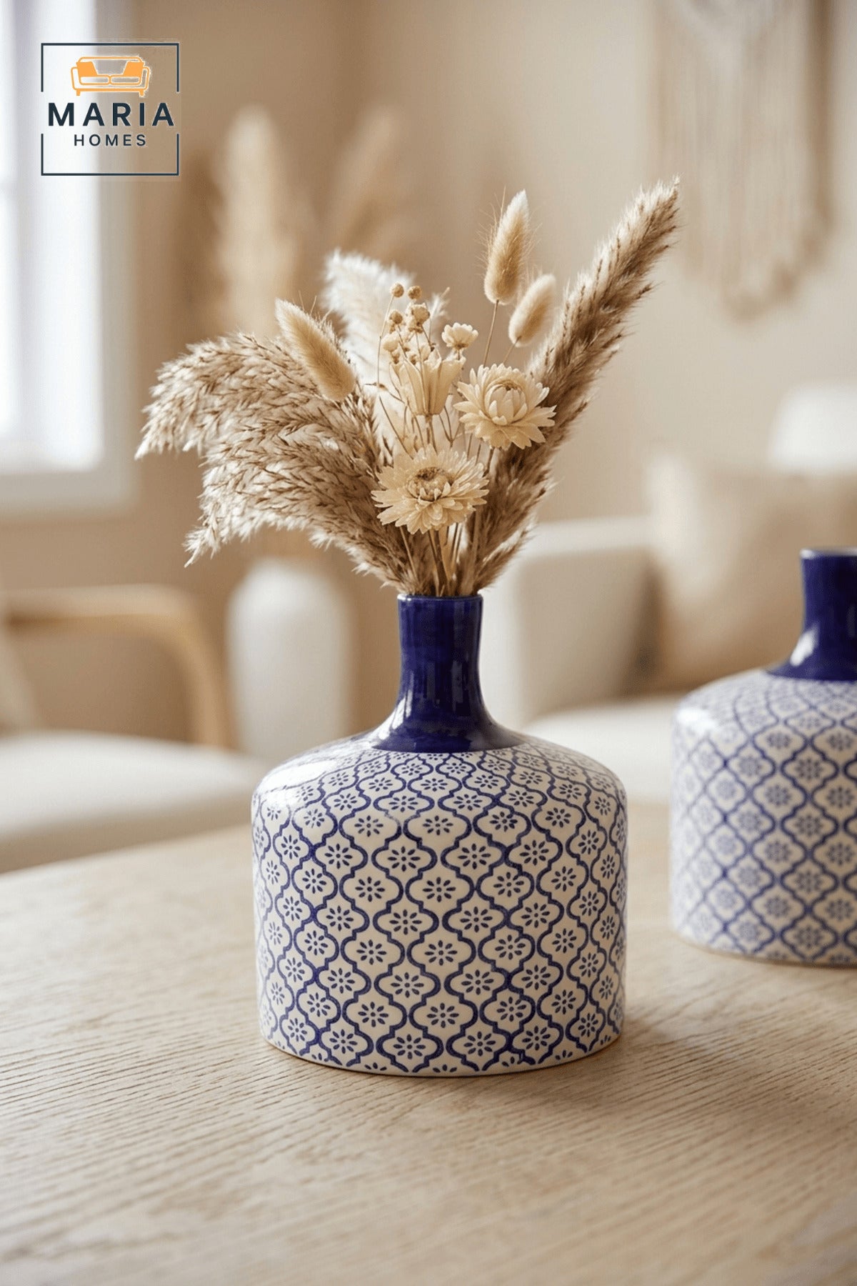 Blue and White Ceramic Decorative Vase with Floral Pattern for Home Decor
