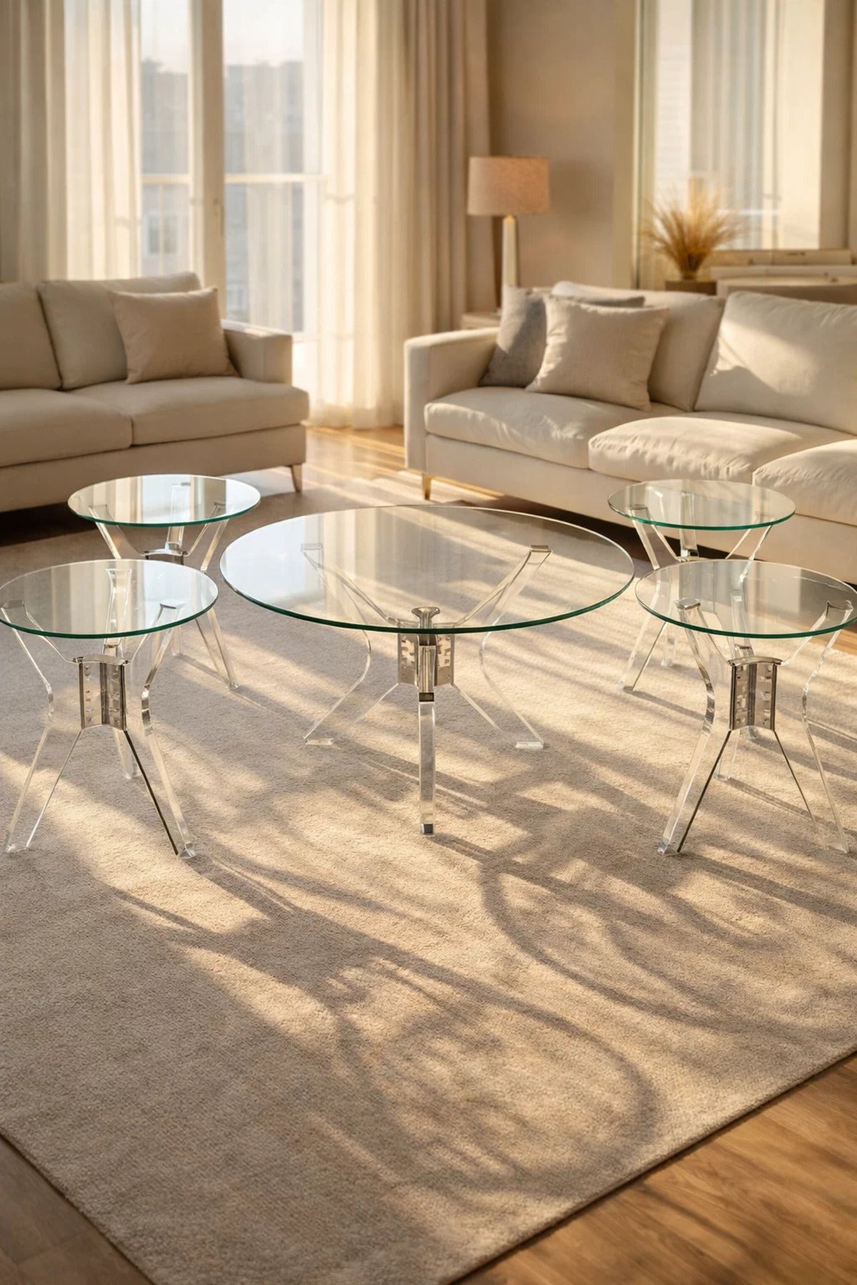 Modern Acrylic Console Table Set 1+4 Tempered Glass Top Silver Legs for Luxury Home Living