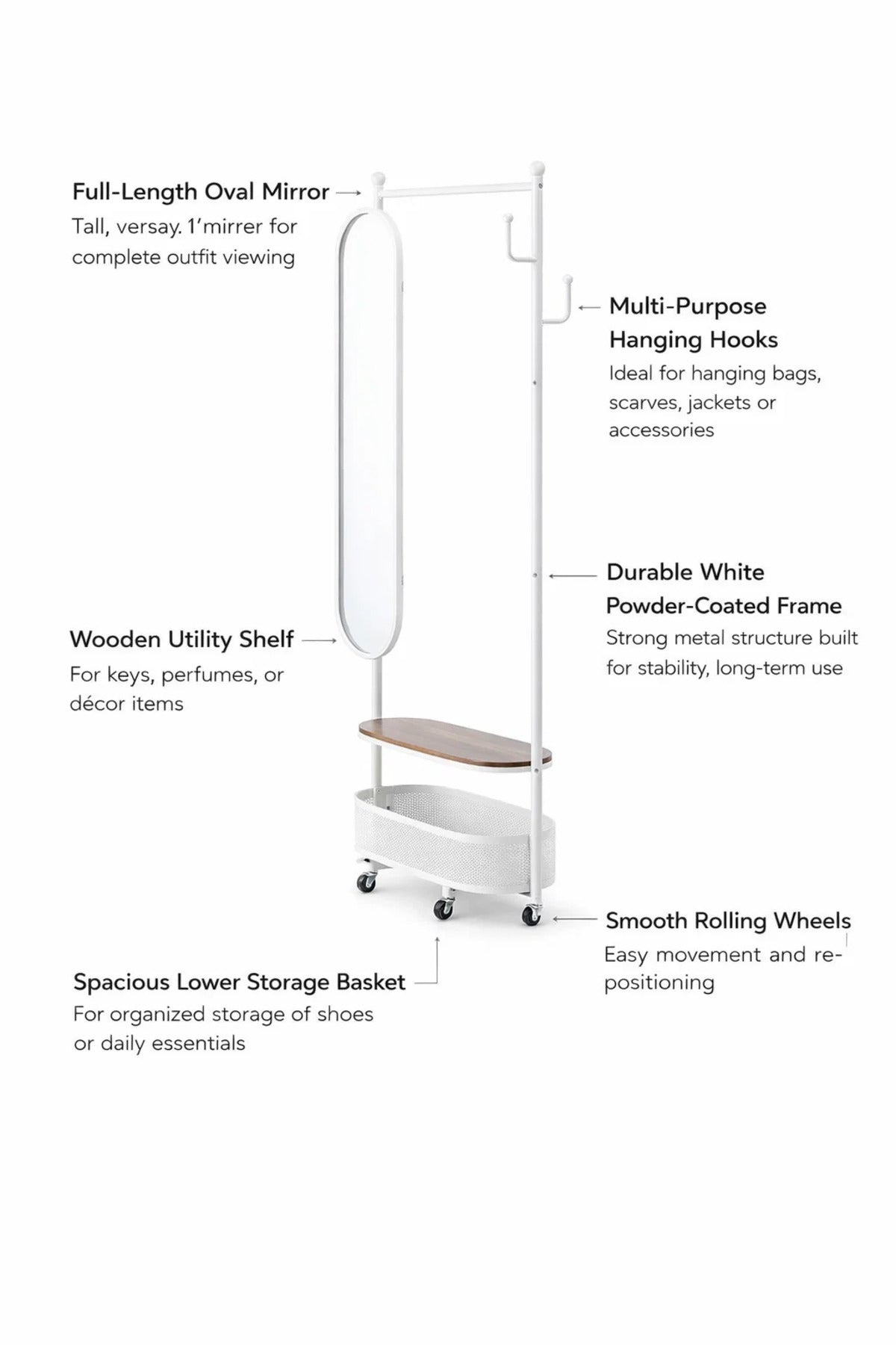 Multifunctional Rolling Coat Rack Stand with Oval Mirror and Storage Basket for Dressing Room White