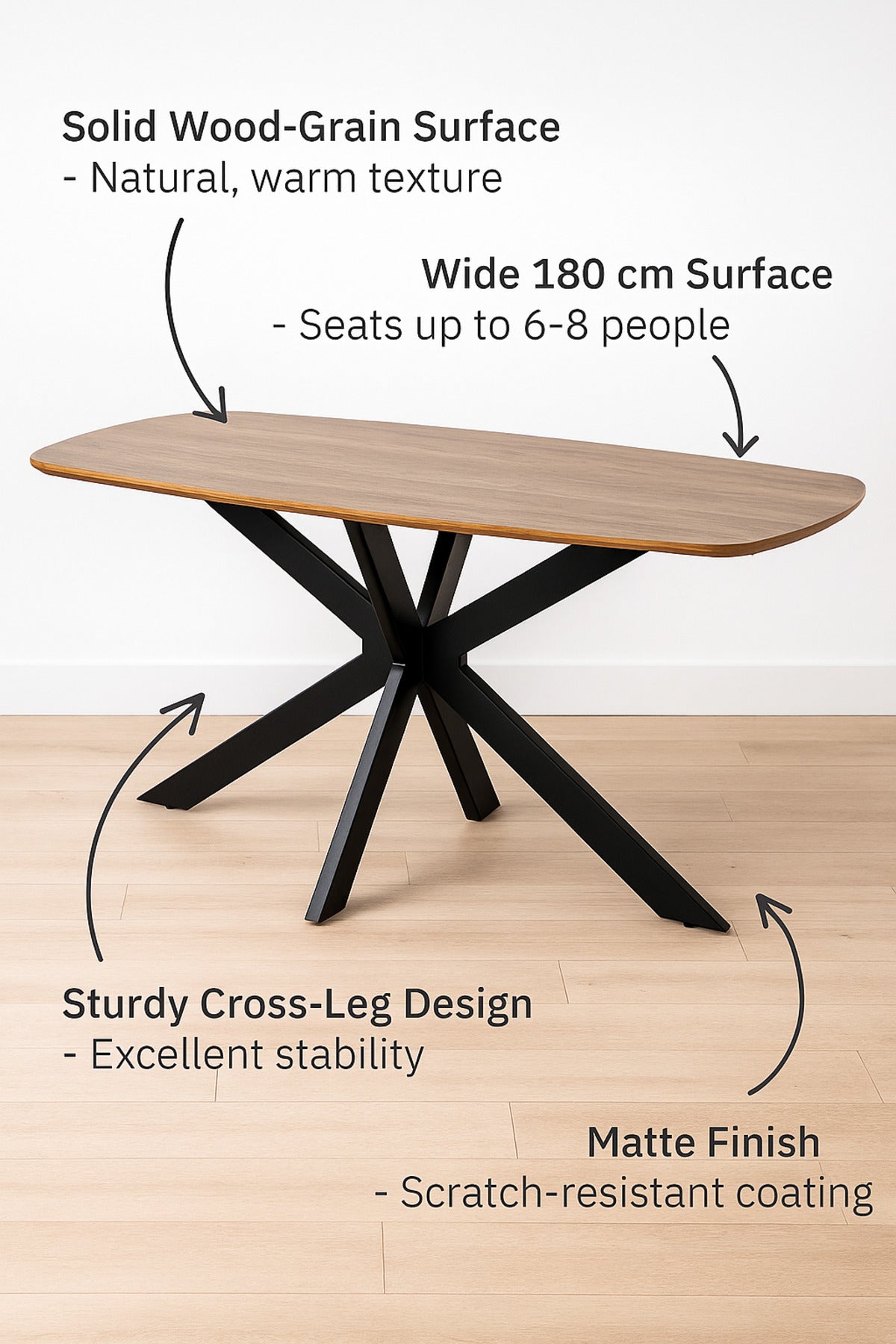 Modern Brown Dining Table Ð 180_90_75 cm | Elegant Wooden Top Table with Black Metal Cross Legs